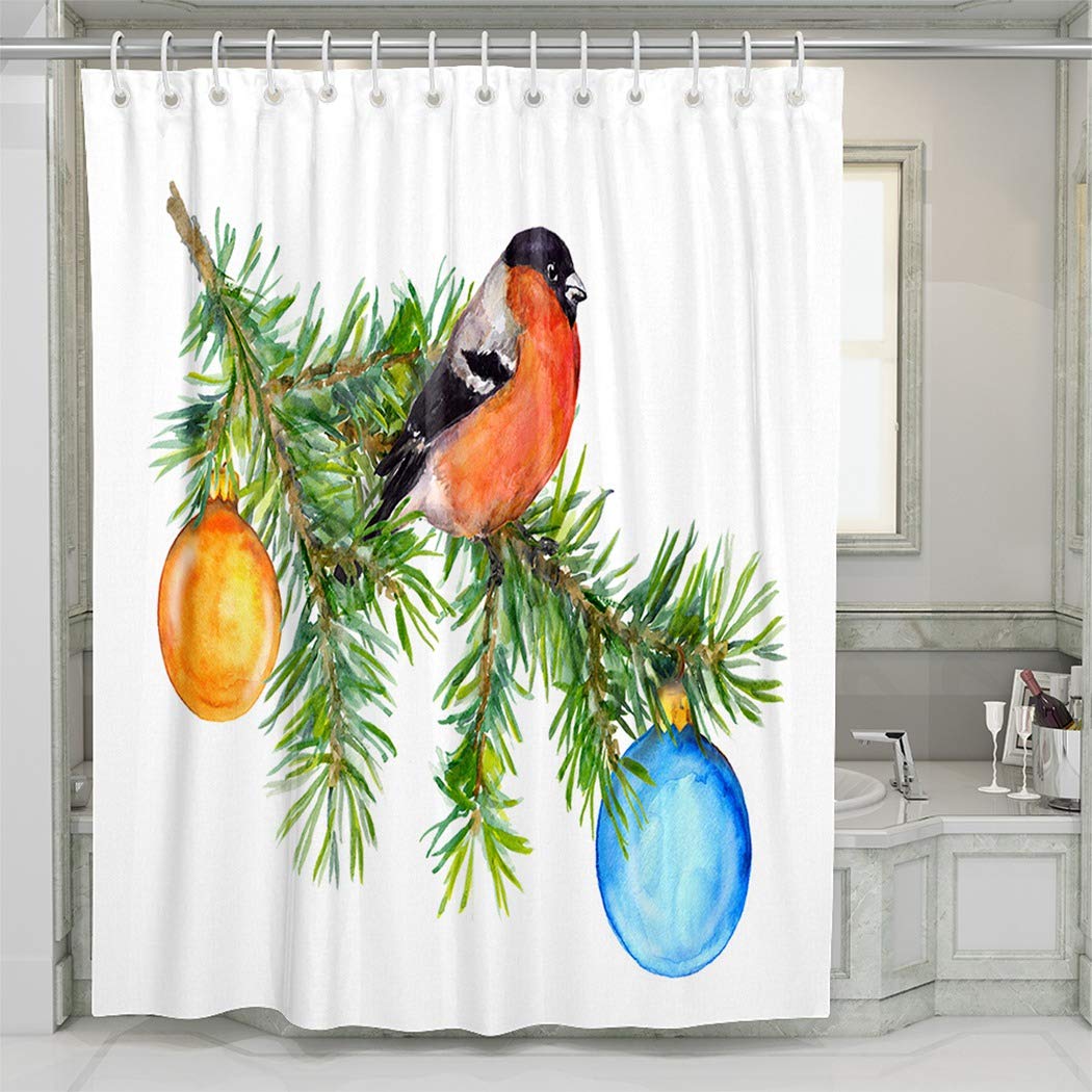 KELEMO Bullfinch on Fir Tree Shower Curtain - Waterproof Bathroom Decor 60x72 Inches - Perfect for Farmhouse, Rustic & Christmas Themed Bathrooms