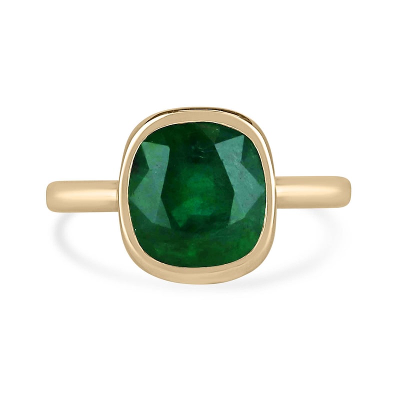 4.05ct AAA Natural Forest Green Cushion Cut Emerald 14K Gold Solitaire Engagement Ring with 8-Window Bezel Setting - Perfect for Proposals, Weddings & Anniversary Gifts