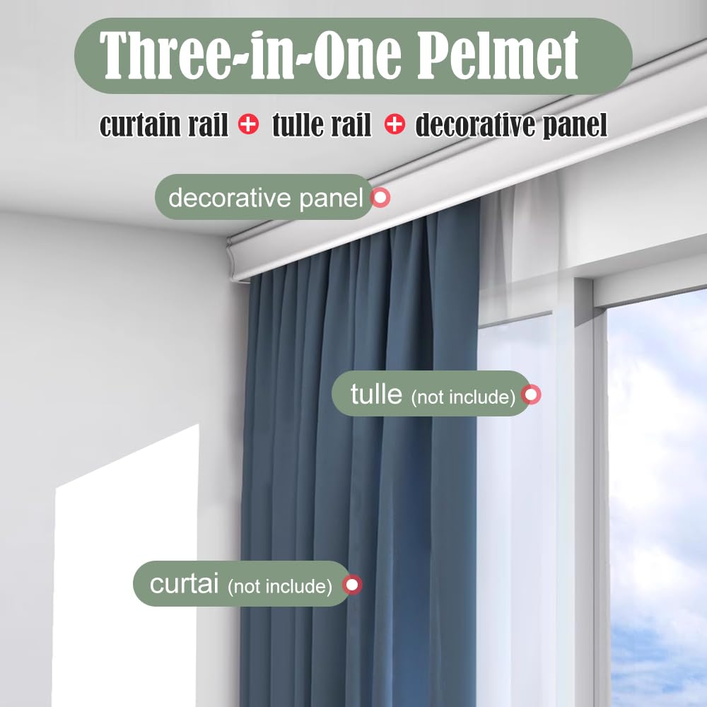 Zshine 3-in-1 Curtain Track System - Double Rail with Pelmet for Ceiling Mount - 9.8ft White - Perfect for Living Room & Bedroom Window Treatments | Home Decor & Room Dividers