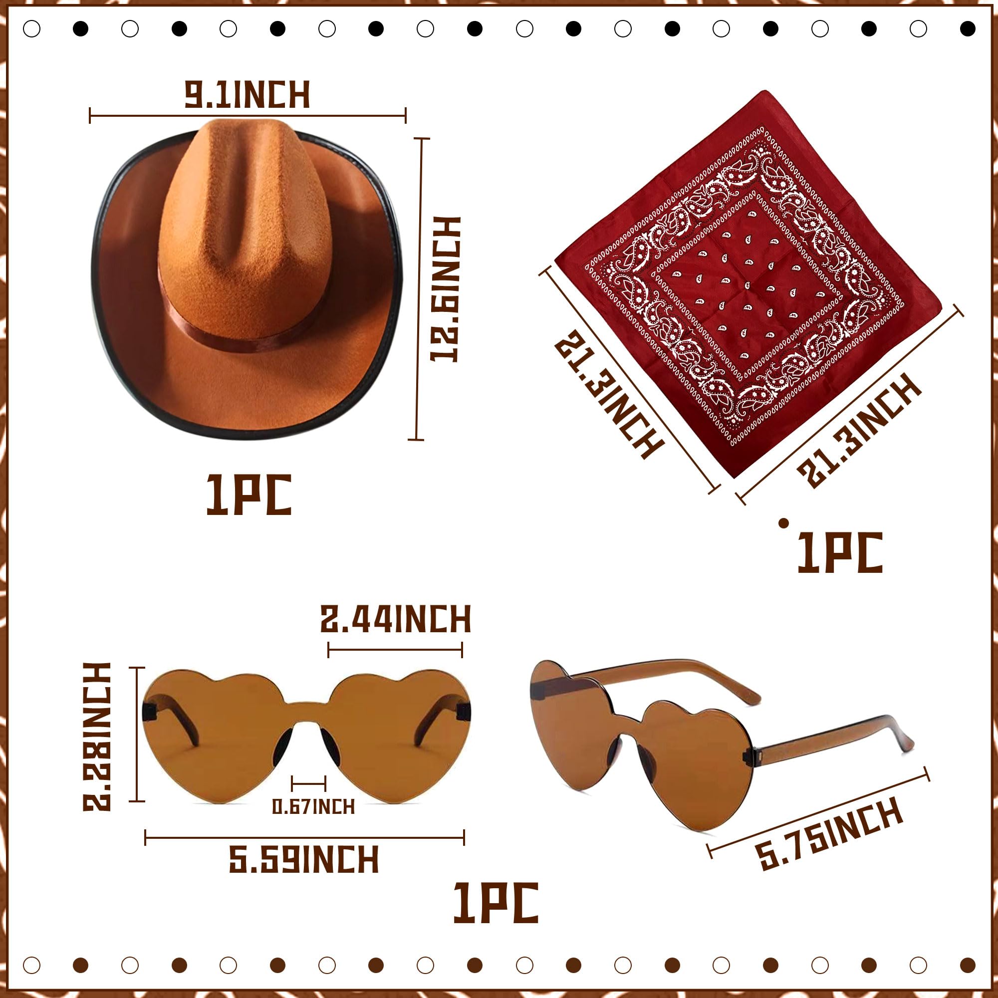 Brown Cowgirl Hat for Girls - Western Cowboy Hat with Heart-Shaped Bandana & Sunglasses - Perfect for Birthday Parties, Rodeo Events, and Country-Themed Outfits
