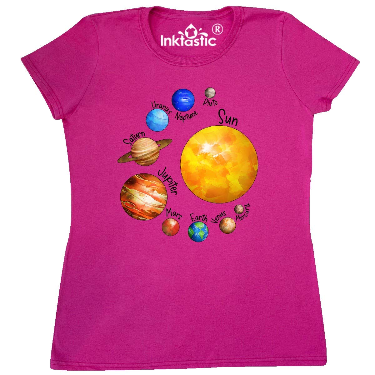 Inktastic Sun and Planets - Yes, and Pluto Women's T-Shirt | Space Lover Graphic Tee | Astronomy Gift for Women | Casual Wear & Science Theme Outfits