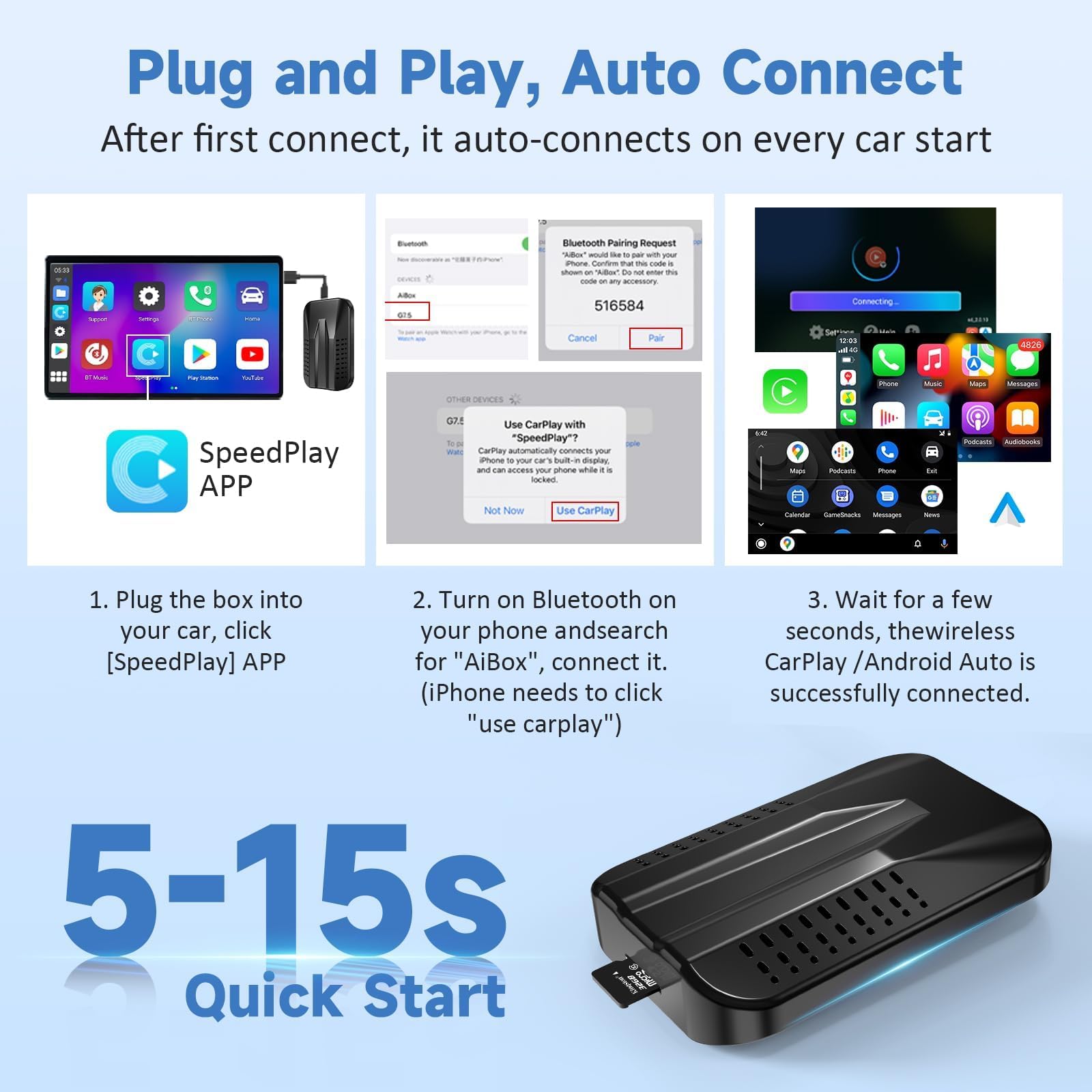 Wireless CarPlay Adapter for iPhone & Android - 5GHz WiFi, TF Card Support, Netflix/YouTube/TikTok Streaming - Seamless Android Auto & Factory Wired CarPlay Upgrade - Perfect for Road Trips, Commuting & In-Car Entertainment