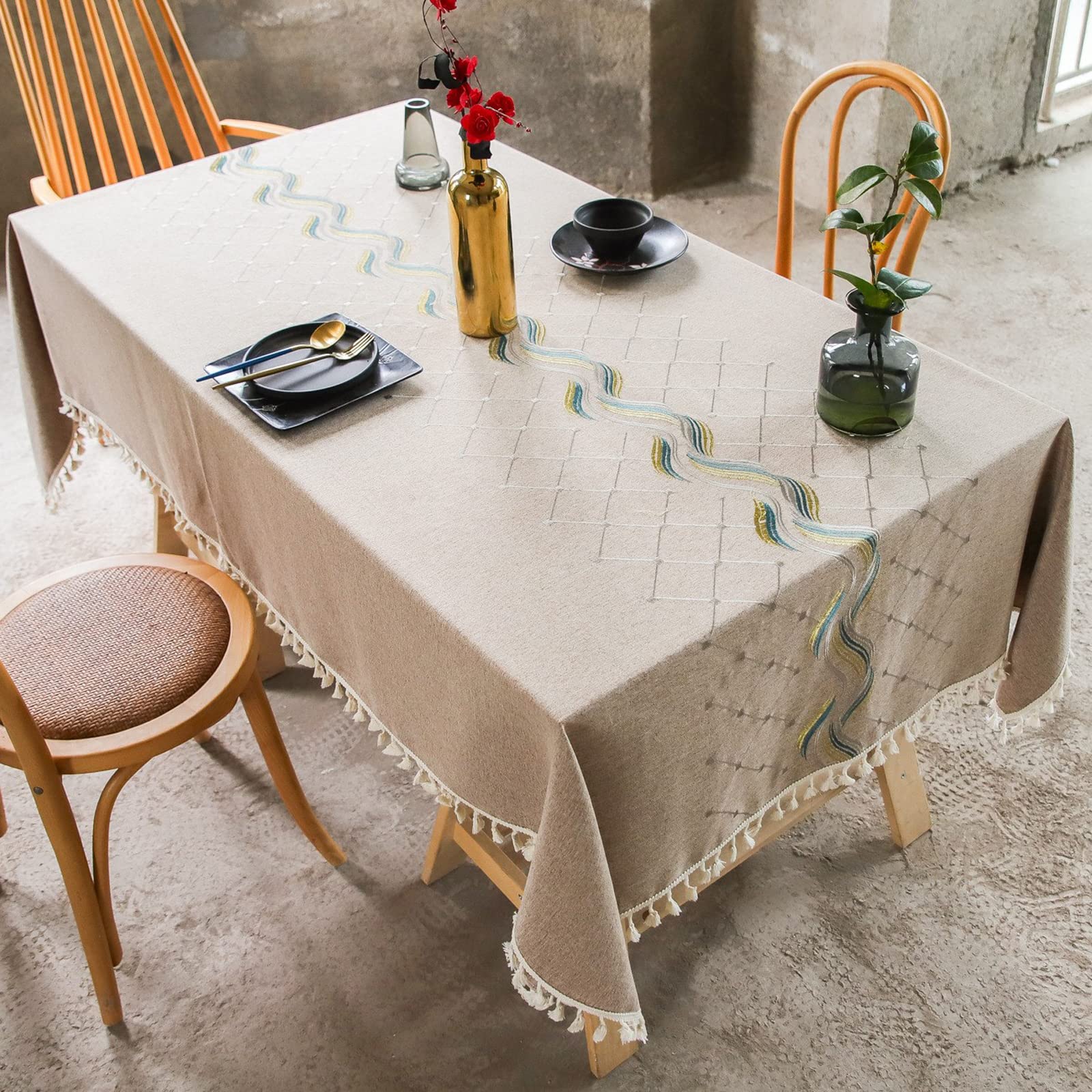 Rectangle Farmhouse Tablecloth - Cotton Linen Blend with Tassel Trim, Anti-Skid Embroidery Table Cover (55x70 Inches, Pink) - Wrinkle-Free for Indoor/Outdoor Dining, Kitchen, Picnic & Party Decor
