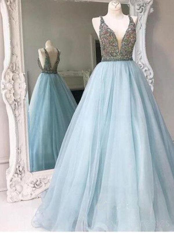 Elegant Light Blue Backless A-Line Evening Prom Dress with Sexy Deep V-Neckline - Perfect for Prom, Homecoming, and Formal Parties - Style #17048