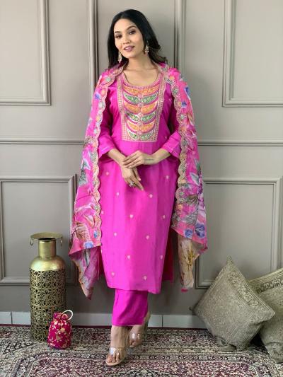 Elegant Pink Chanderi Salwar Suit with Floral Tissue Silk Dupatta - Traditional Indian Outfit for Weddings, Festivals & Special Occasions