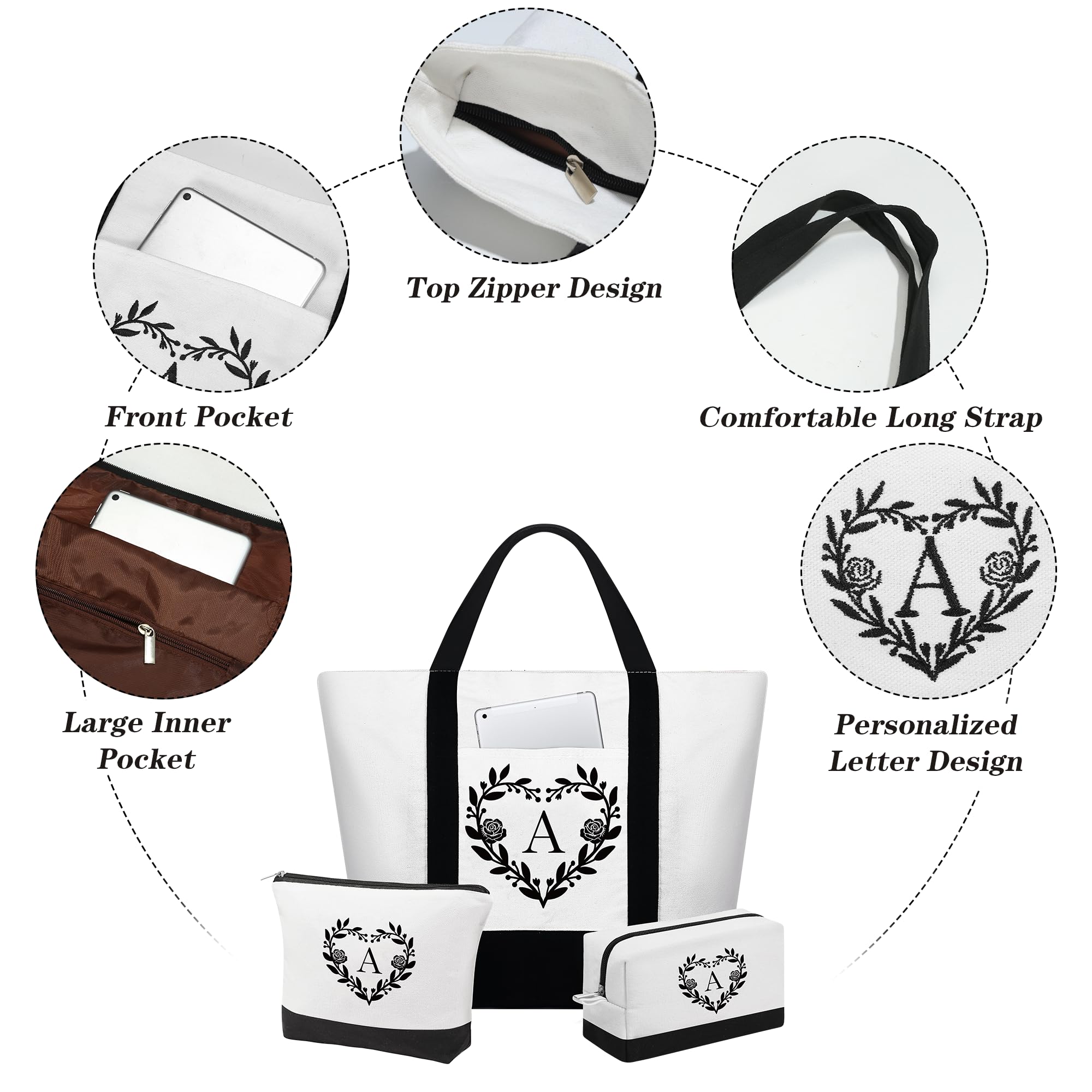 Personalized Initial Tote Bag & Makeup Bag Set - Valentine's Day, Birthday Gifts for Women, Mom, Teacher, Friend, Daughter - Perfect for Travel, Work & Everyday Use
