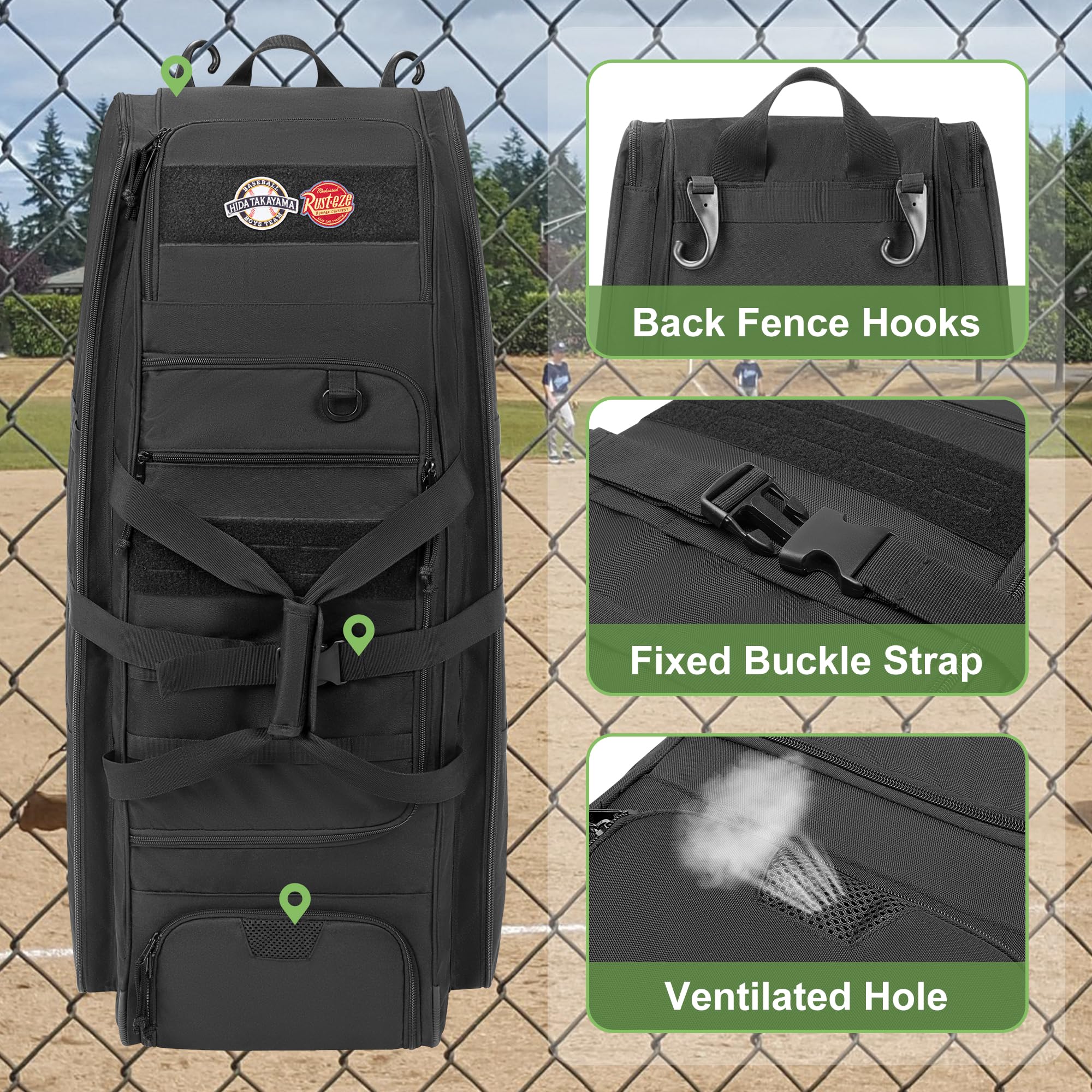 DSLEAF Rolling Baseball Bag with Wheels - Large Wheeled Softball Catchers Equipment Bag Holds 4 Bats, Separate Shoe Compartment & Multiple Pockets - Perfect for Baseball/Softball Practice, Games & Travel