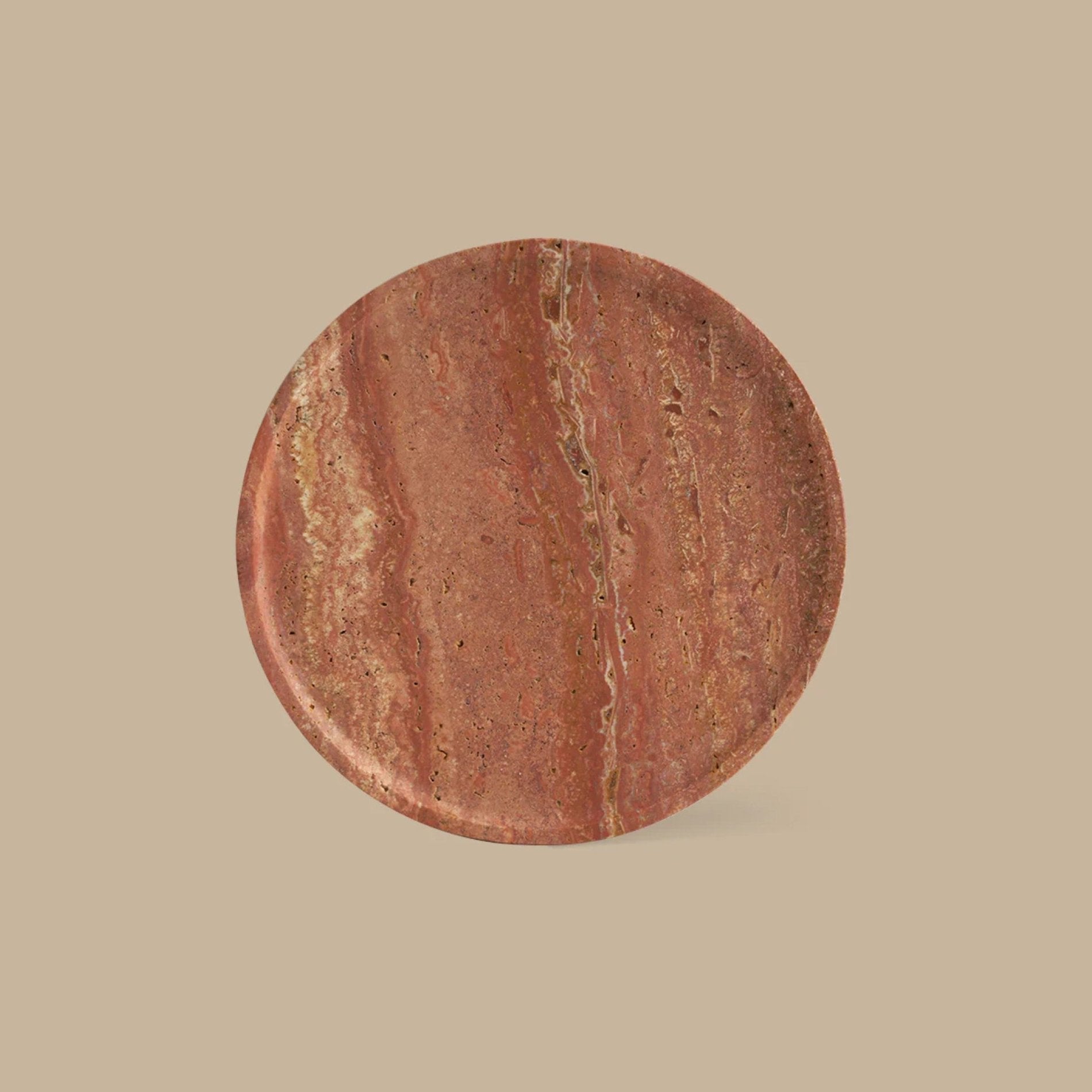 BLACK BLAZE Linea Slim Tray - 20cm Round Marble Serving Dish in Red Travertine | Elegant Appetizer Platter for Dining Table, Coffee Table Decor & Gift Giving