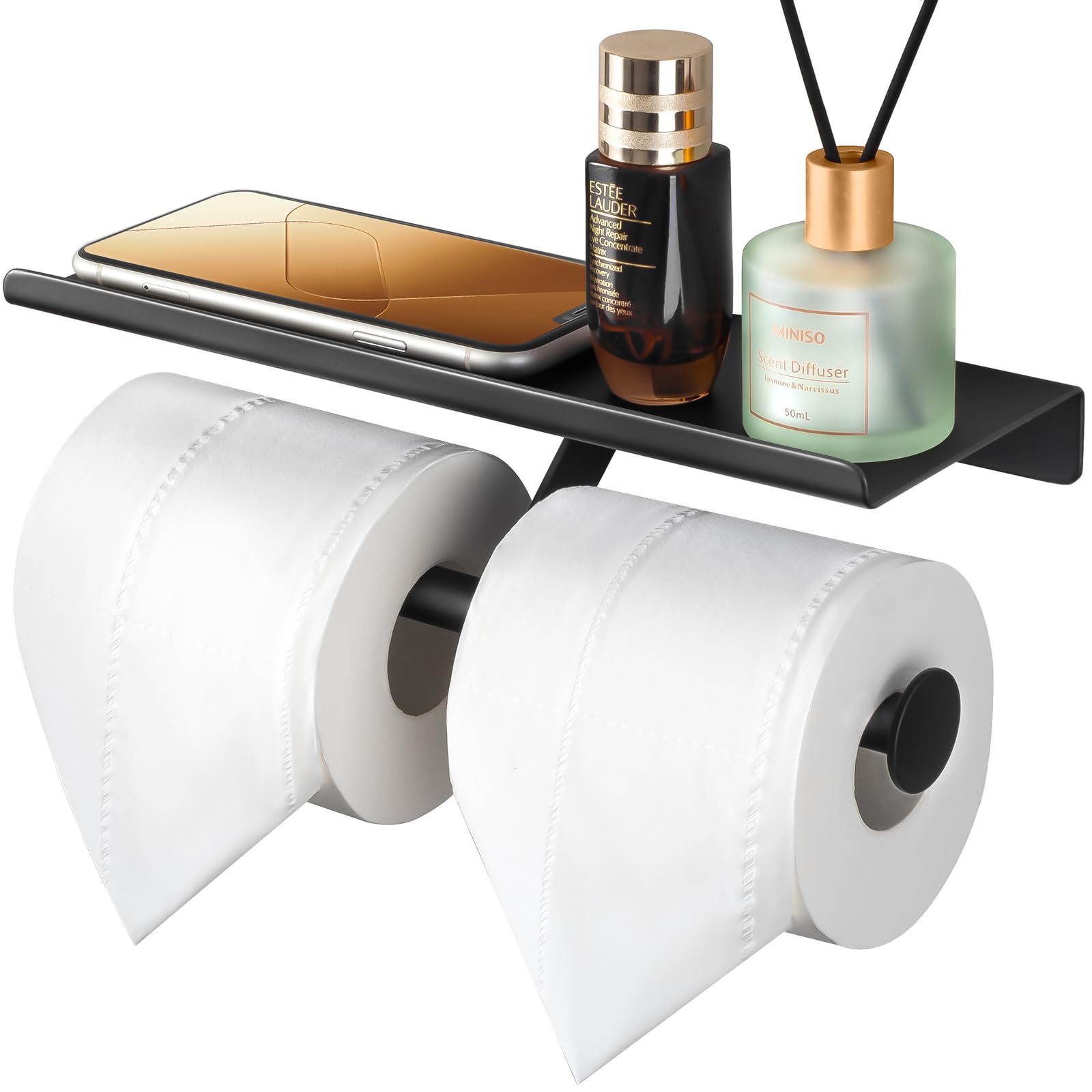 Double Toilet Paper Holder with Shelf - Stainless Steel Wall Mount Commercial TP Roll Holder for Bathroom & Restroom - Matte Black - Perfect for High Traffic Areas & Modern Home Bathrooms