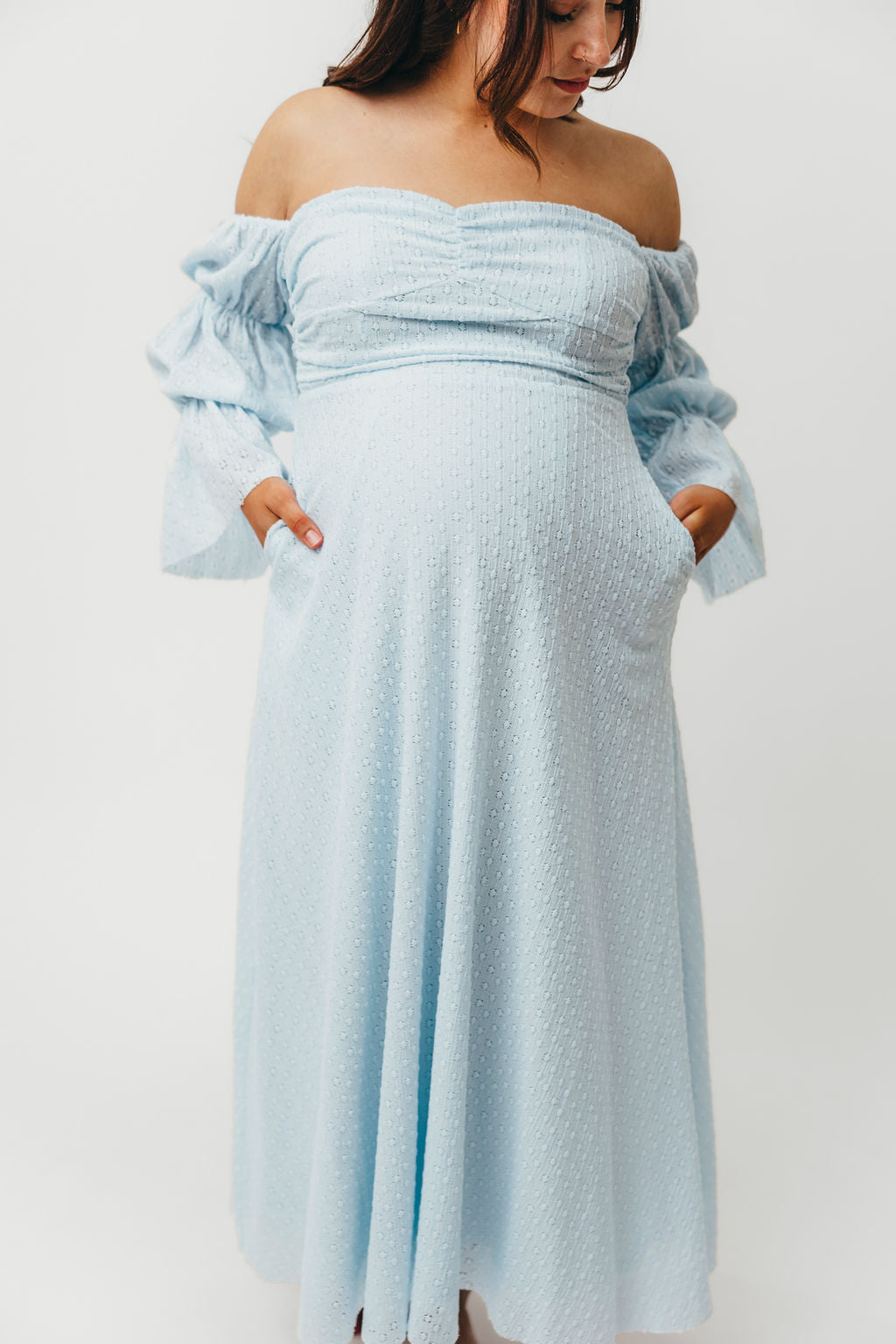 Corrine Tiered Sleeve Maxi Dress with Pockets - Baby Blue Maternity Dress for Pregnancy | Bump Friendly, Comfortable & Stylish for Baby Showers, Beach Vacations & Summer Weddings