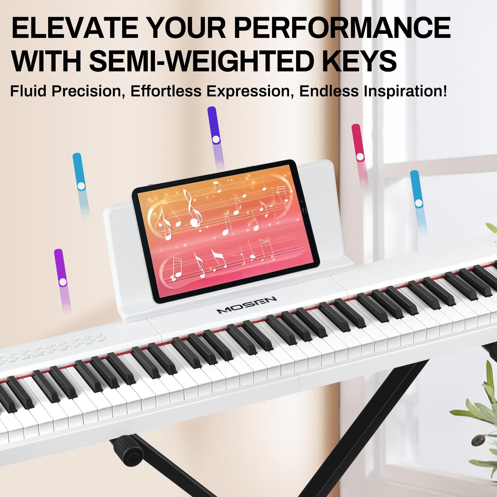 Mosen 88-Key Digital Piano Keyboard with Semi-Weighted Keys - Professional Double Keyboard with LED Display, 380 Tones & 128 Rhythms - Includes 88 Demo Songs, Piano Lessons, Stand & Sustain Pedal (MSP-45WH, White) - Perfect for Home Practice, Music Studios & Live Performances