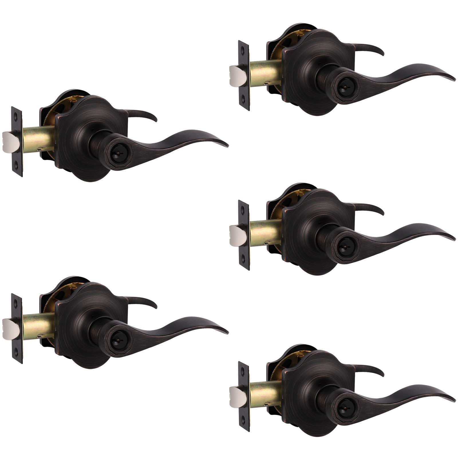 **Knobelite Camelot Trim Keyed Alike Entry Lock 5-Pack - Oil Rubbed Bronze Wave Door Levers for Front Door, Right/Left Handed Reversible - Secure Home, Office & Apartment Entrance**