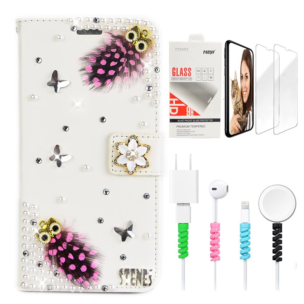 STENES Bling Wallet Phone Case for Samsung Galaxy A12 - 3D Handmade Night Owl Flowers Glitter Leather Cover with Card Holder, Screen Protector & Cable Protector - Stylish Women's Accessory - Perfect for Parties, Shopping & Everyday Use (White)