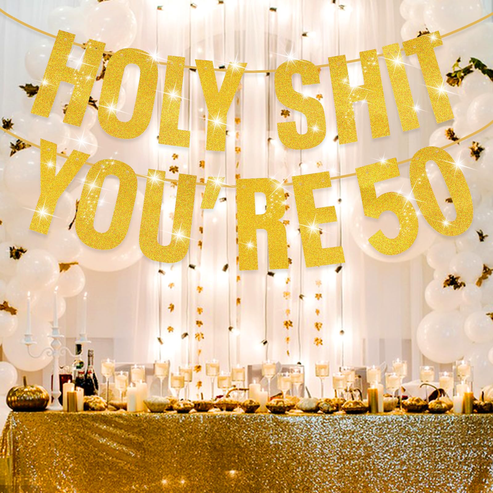50th Birthday Banner Gold Glitter - Funny 'Holy Shit You're 50' Party Decorations for Women & Men | Perfect for Milestone Birthday Parties, Anniversary Celebrations & Retirement Events
