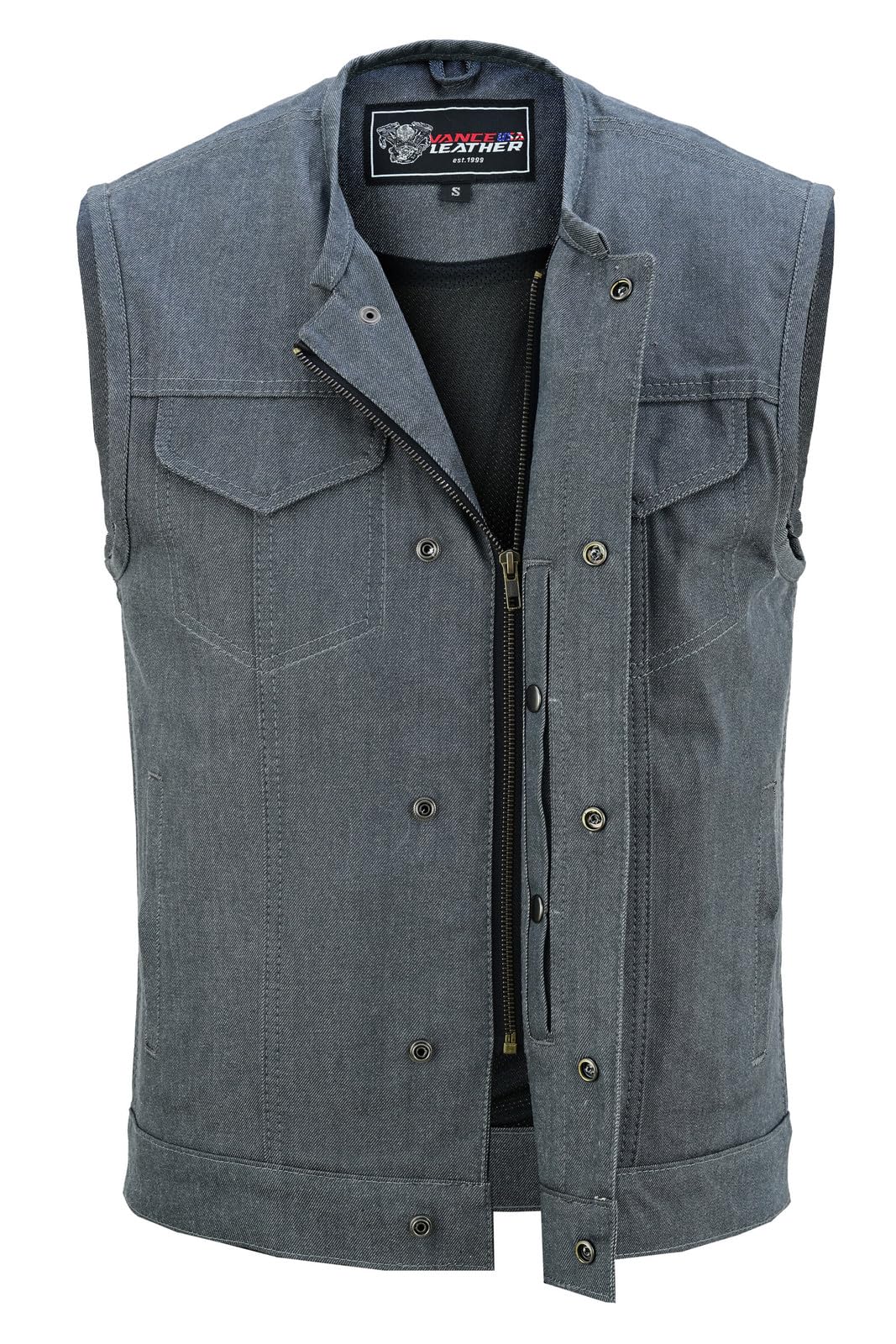 Vance Leather Men's Black Denim Collarless Club Vest with Conceal Carry Pockets - Stylish Motorcycle Jacket for Bikers & Outdoor Enthusiasts