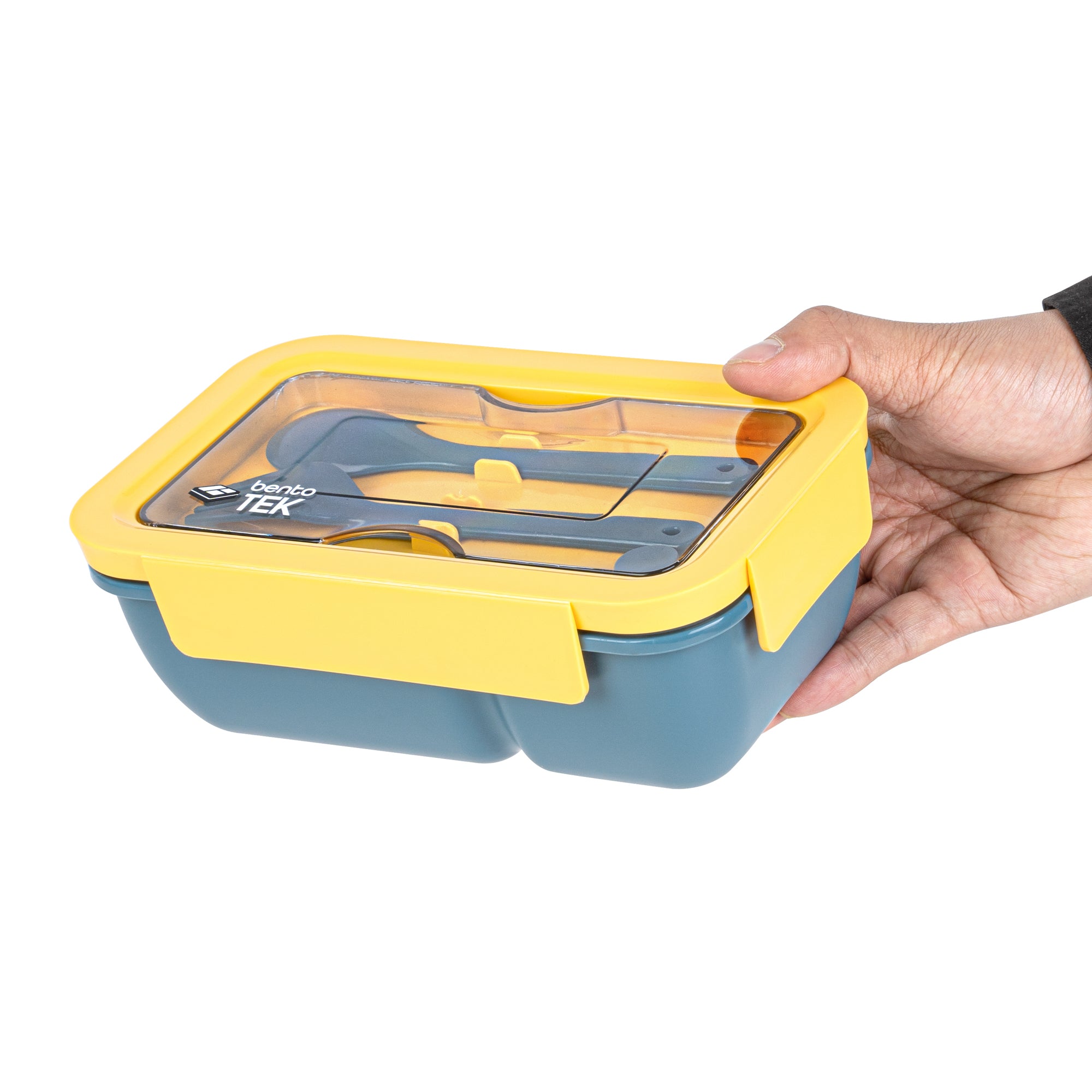 Bento Tek 30 oz Blue and Yellow 3-in-1 BPA Free Lunch Box Set with Fork & Knife - Microwave Safe, 7.5