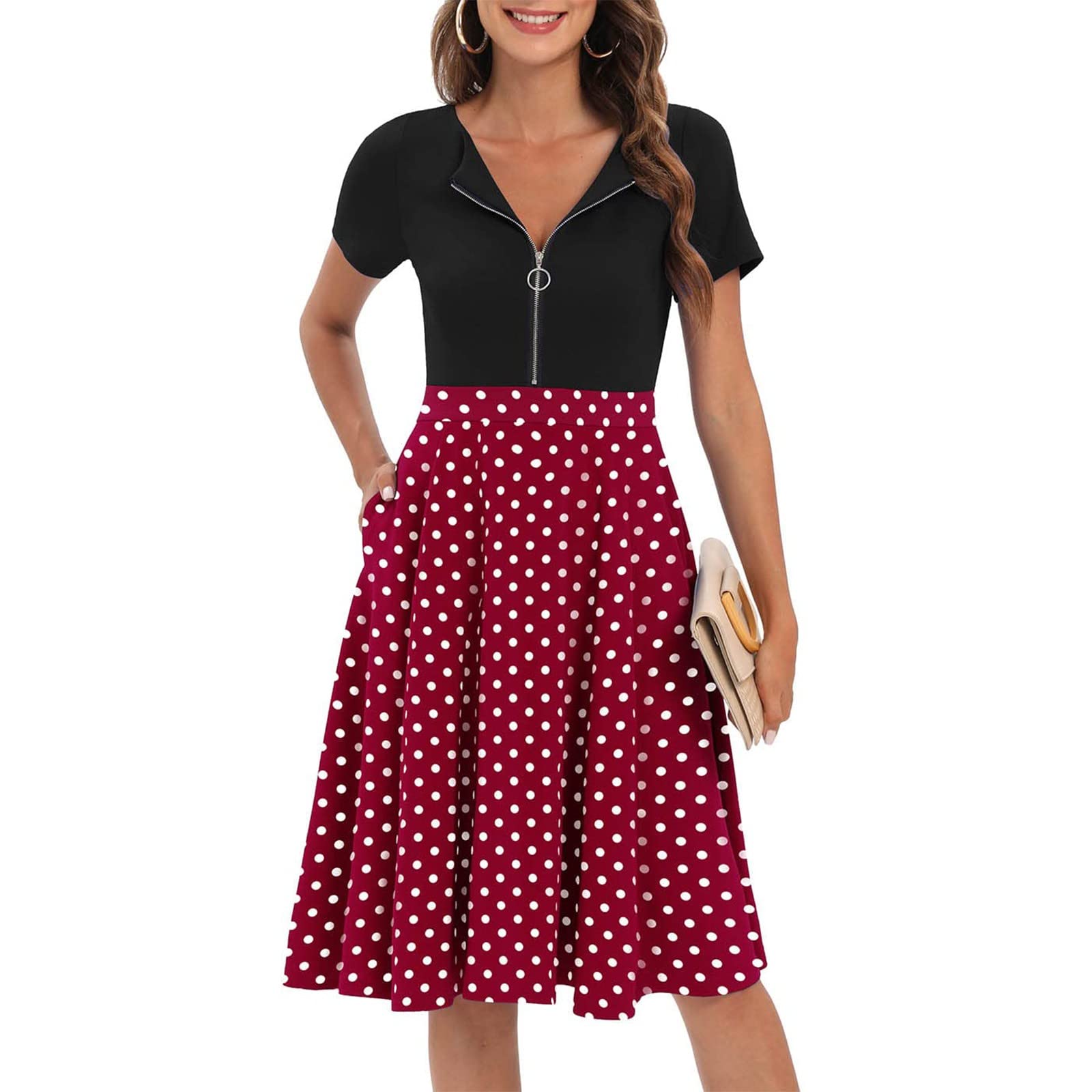 Stylish Women's Midi Summer Dresses - Fashion Crewneck Short Sleeve Zipper Swing Party Dress | Elegant & Classy for Beach Vacations, Garden Parties & Casual Outings