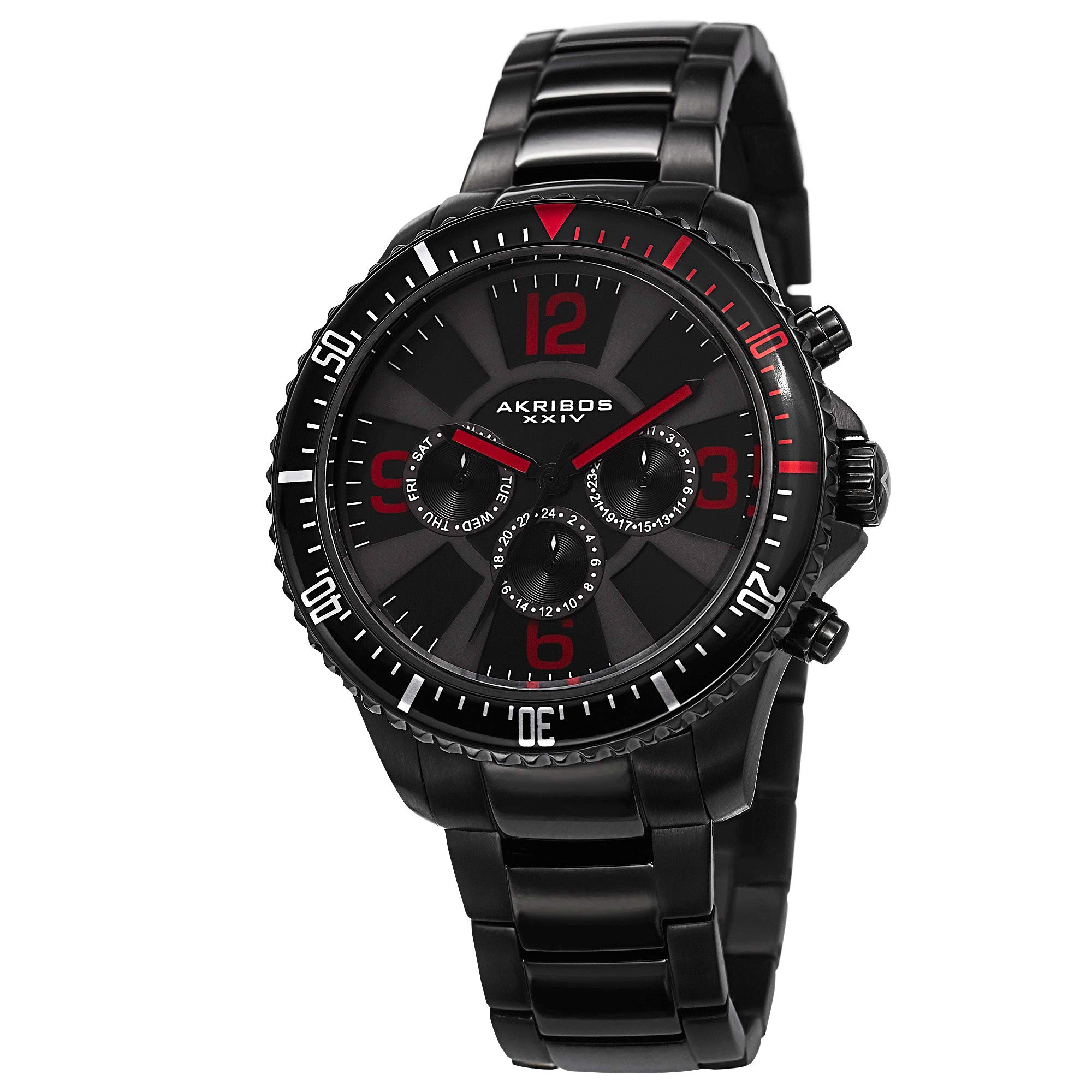 Akribos XXIV Men's Ultimate Swiss Multifunction Watch - Day, Date & GMT Subdials, Large Easy-Read Markers, Stainless Steel Bracelet - AK694 - Perfect for Business, Travel & Luxury Gifts