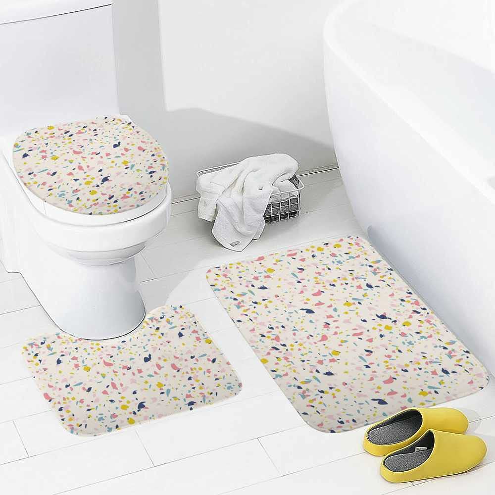 Non-Slip 3 Piece Bathroom Rug Set - Soft Contour Mat, Toilet Lid Cover & Shower Mat with Terrazzo Pattern - Water Absorbent & Machine Washable for Bathroom Safety & Decor - Perfect for Modern Homes, Apartments & Guest Bathrooms