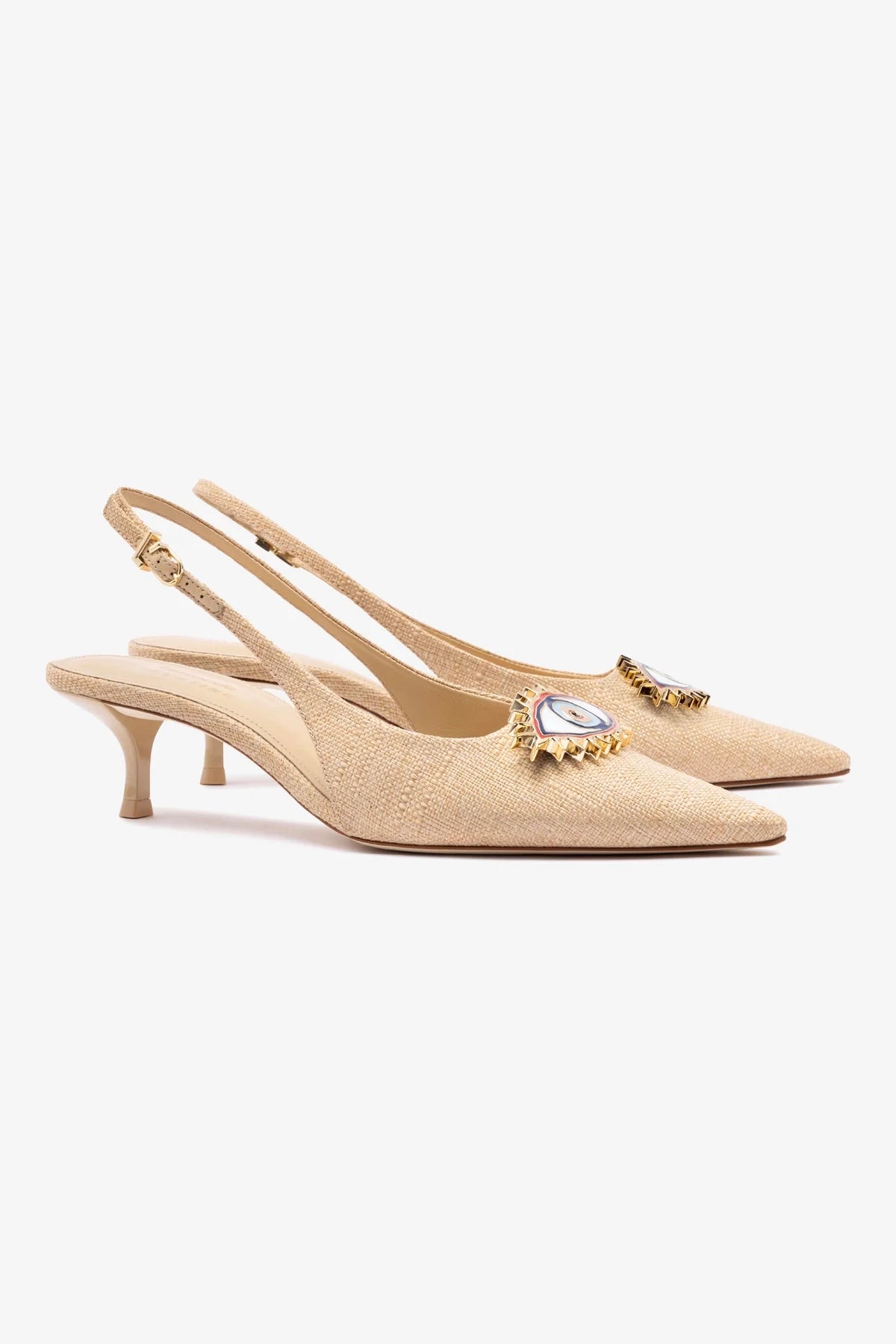 Larroudé x Libertine Beige Raffia Eye Pump Lo - Stylish Women's Low Heel Sandals for Summer, Beach, and Casual Outings