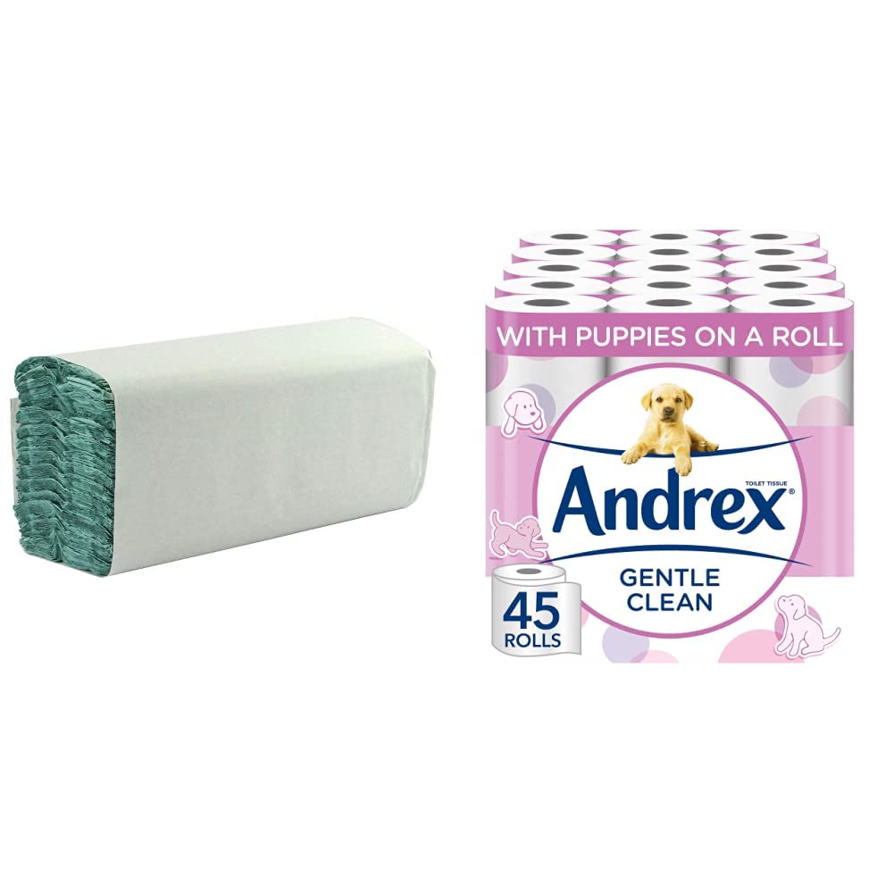 Whitebox WX43094 C-Fold Hand Towels, Green & Andrex Gentle Clean Toilet Paper Rolls - 45 Rolls Bulk Pack | Soft, Skin-Friendly Bath Tissue for Home & Office Use | Dermatologist Tested for Sensitive Skin | Ideal for Restrooms, Kitchens & Hospitality Settings