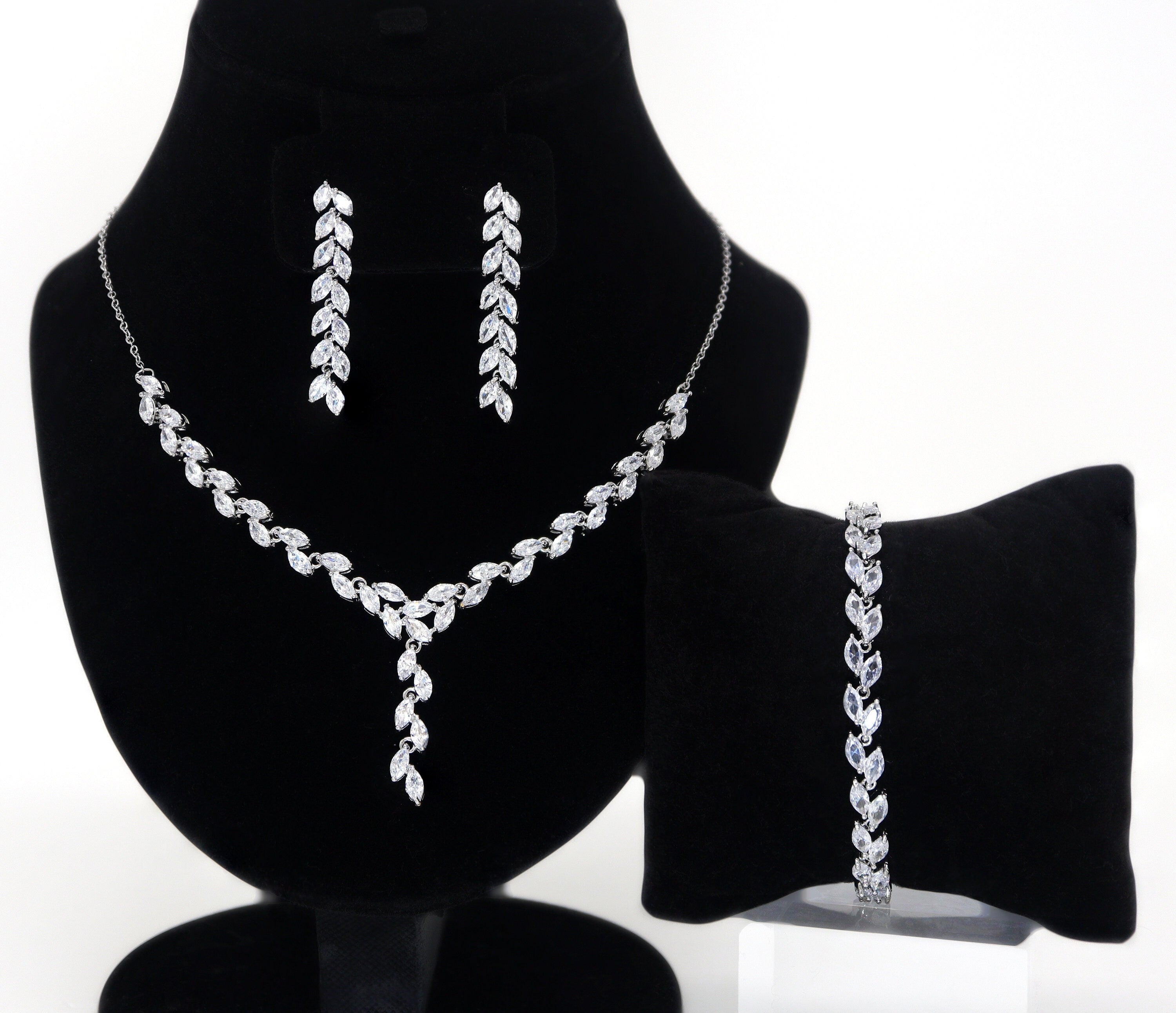 Elegant Diamond & Swarovski Crystal Leaf Vine Bridal Jewelry Set - Long Necklace & Statement Earrings for Weddings, Prom & Formal Events