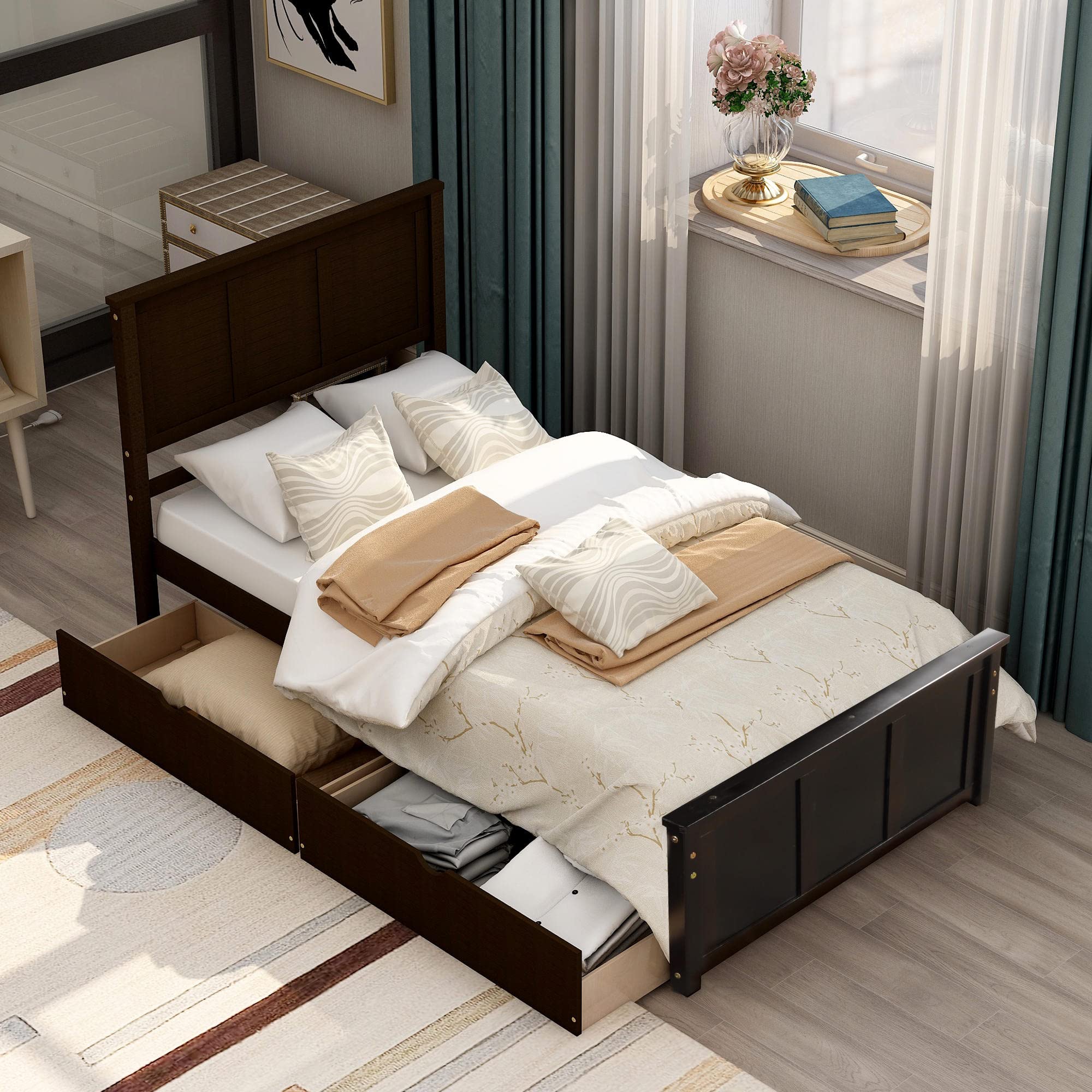 Twin Size Solid Wood Platform Bed with Storage & 2 Drawers - Wooden Slat Support, No Box Spring Needed, Espresso Finish - Perfect for Small Bedrooms, Guest Rooms & Dorm Rooms