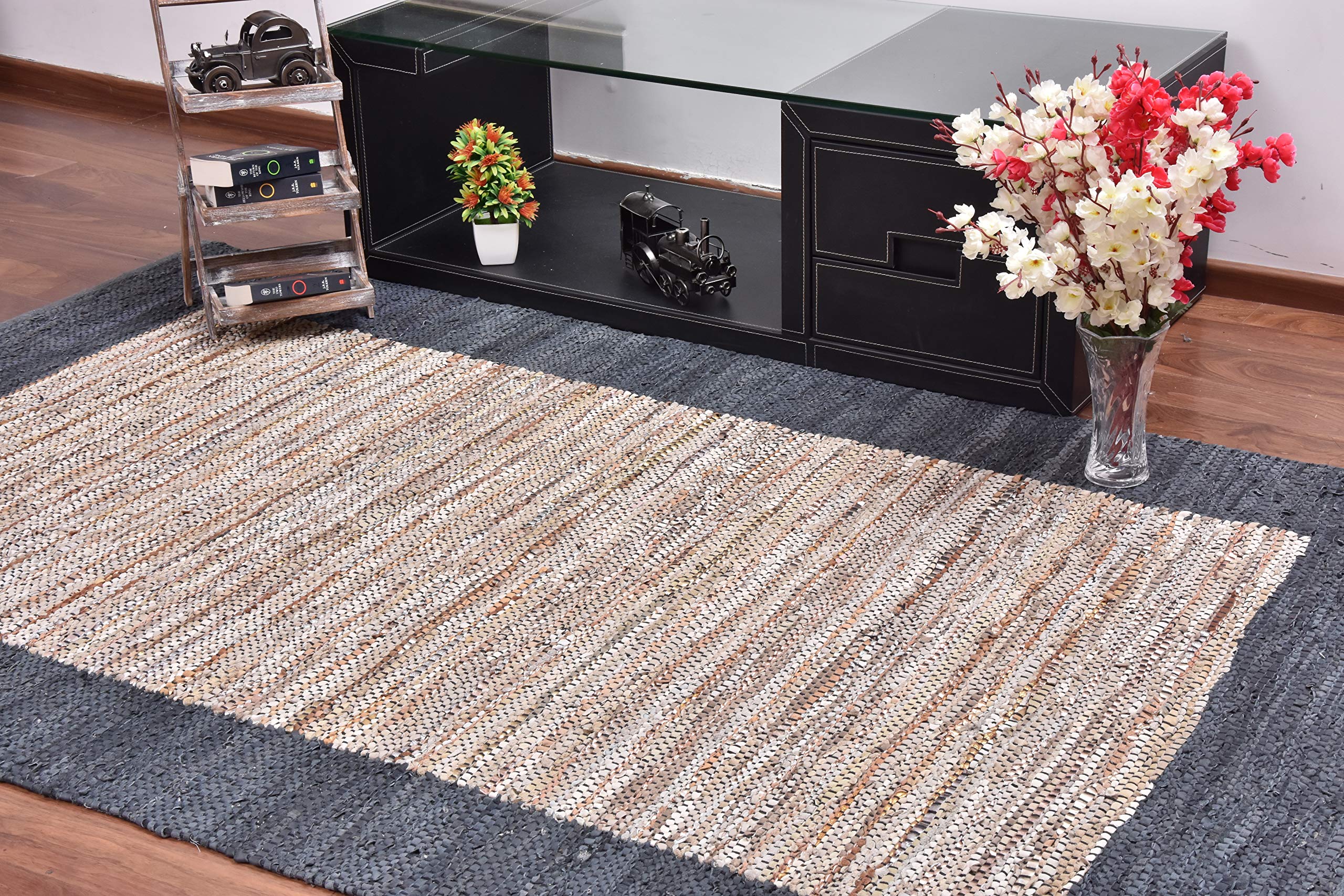 Premium 5x8 FT Flash Leather Beige Area Rug with Grey Border - Soft & Durable for Living Room, Bedroom, or Office Decor