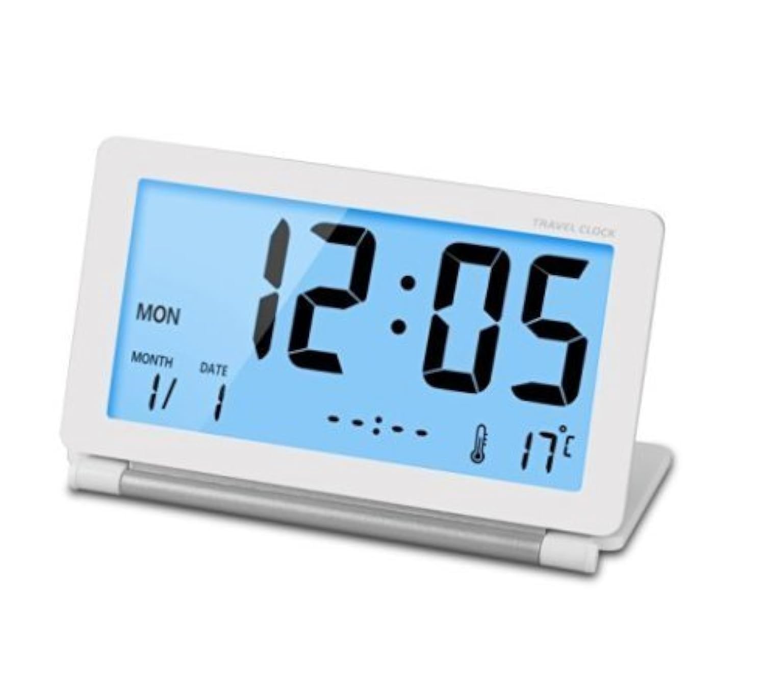 Digital Travel Alarm Clock with LCD Display, Foldable Calendar, Temperature Timer & Snooze Mode - Battery Operated Portable Desk Clock with Large Numbers (12/24H) - Perfect for Home, Office, Travel & Nightstand Use (White)