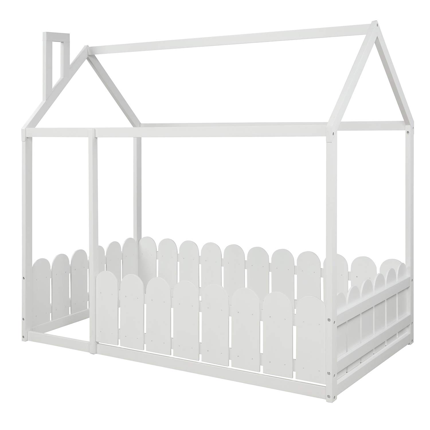 Twin Size Wooden House Bed Frame with Roof and Fence - Playful Cabin Style Floor Bed for Kids, Nursery Furniture & Children's Play Tent (White) - Perfect for Bedrooms, Playrooms & Montessori Learning Spaces