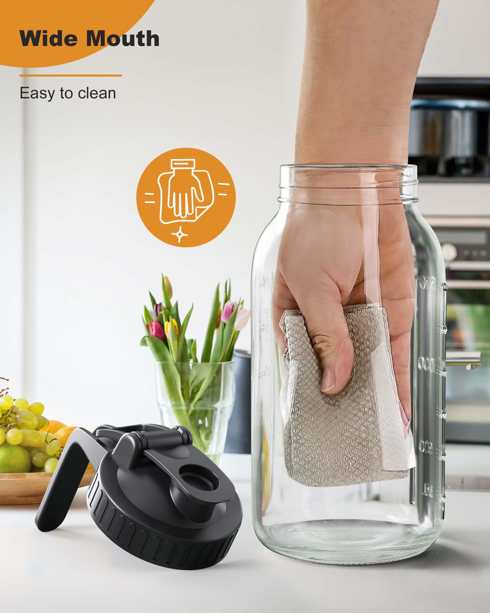 64 oz Mason Jar with Pour Spout - 2 Quart Glass Pitcher with Airtight Lid - Perfect for Iced Tea, Juice, Milk, Coffee & Sun Lemonade - Great for Home, Kitchen, Camping & Entertaining - Set of 1 (Black)