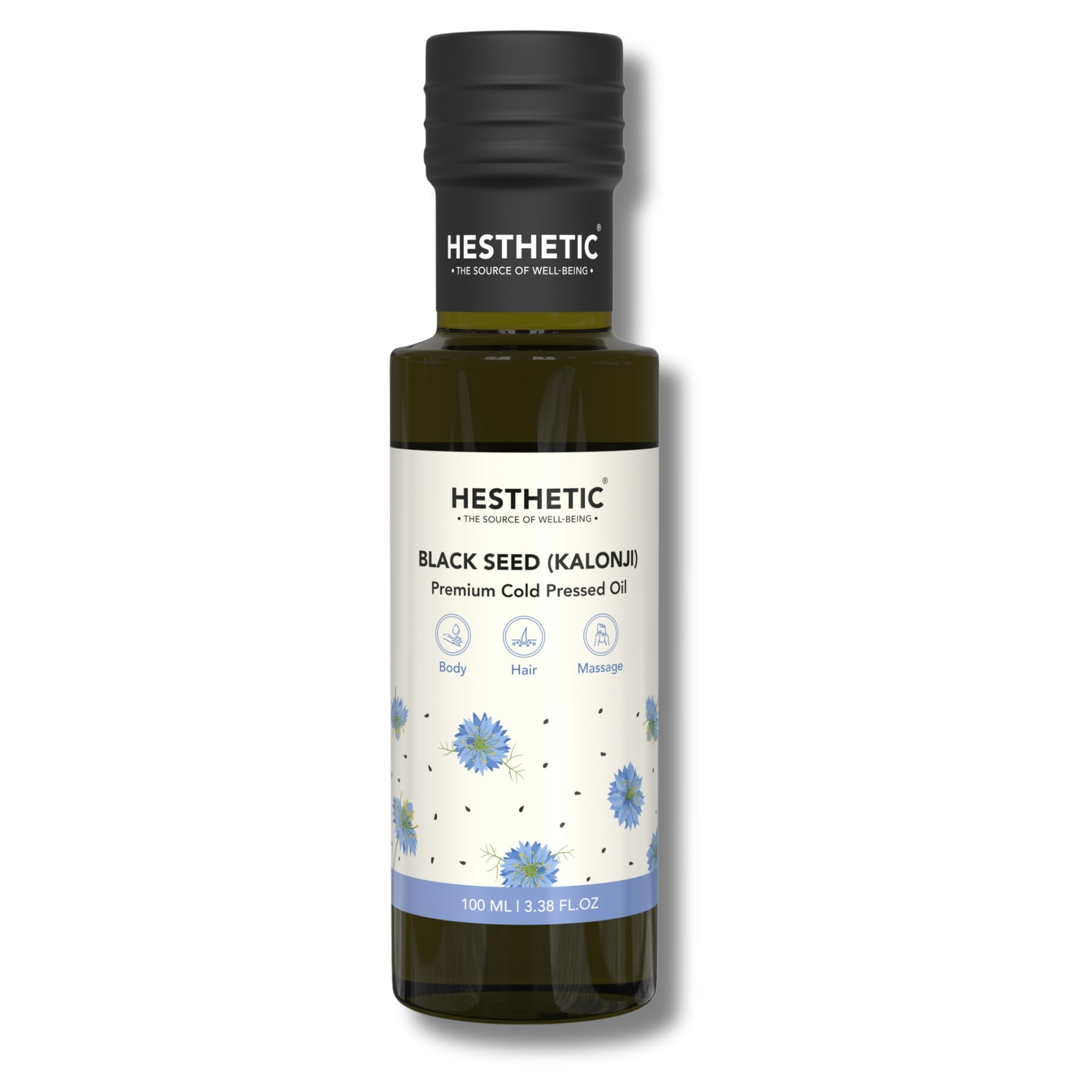 HESTHETIC Cold Pressed Black Seed Oil (Kalonji) 100ml - 100% Pure Natural Virgin Oil for Skin, Hair & Massage | High Thymoquinone Content | Skin Firming & Anti-Aging Treatment | Glass Bottle | Perfect for Daily Skincare, Hair Growth & Relaxing Massage Therapy