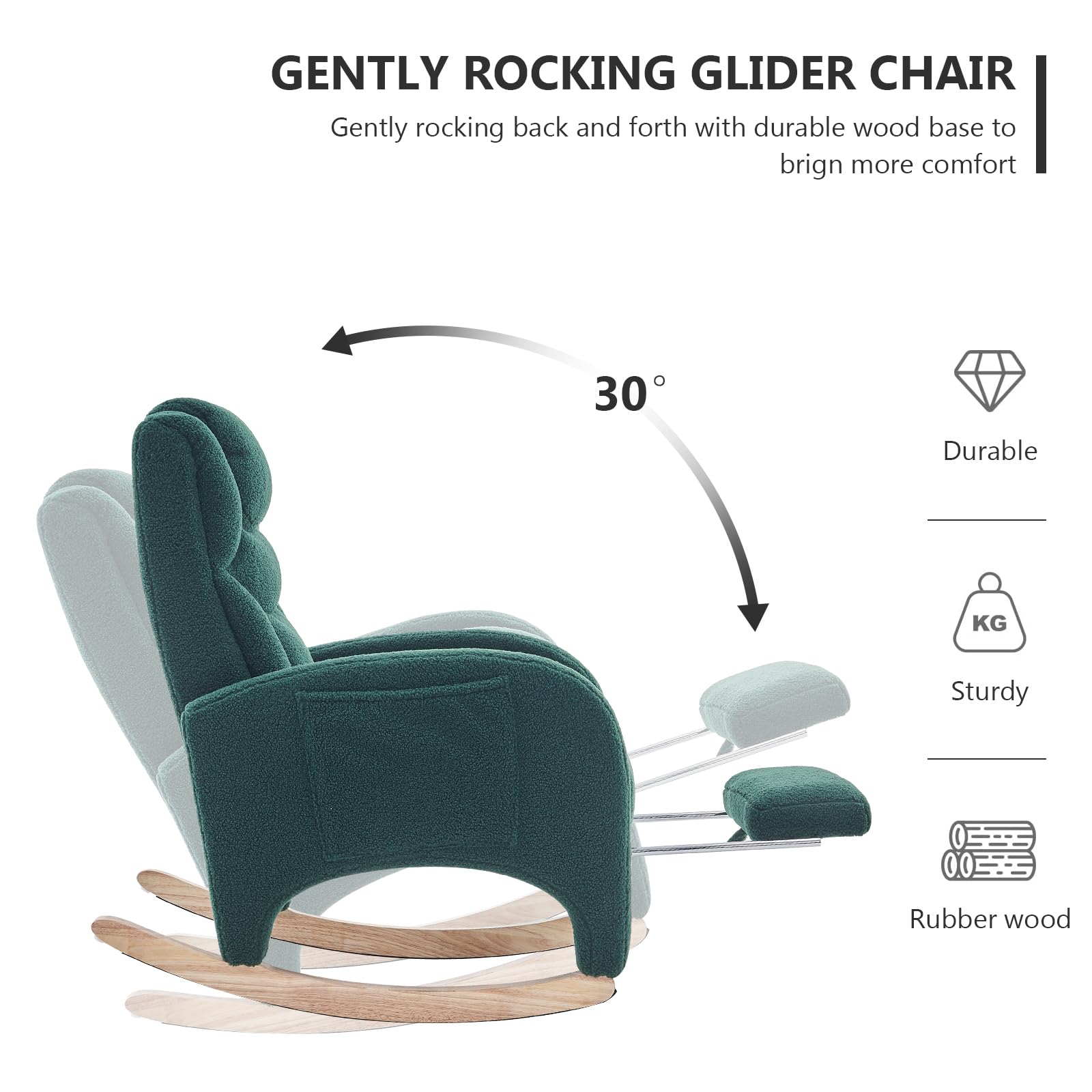 Hommoo Modern Teddy Fabric Rocking Chair with Adjustable Footrest - High Back Nursery Glider Rocker for Mom and Baby, Green Upholstered Accent Chair - Perfect for Nursery, Living Room & Bedroom Relaxation