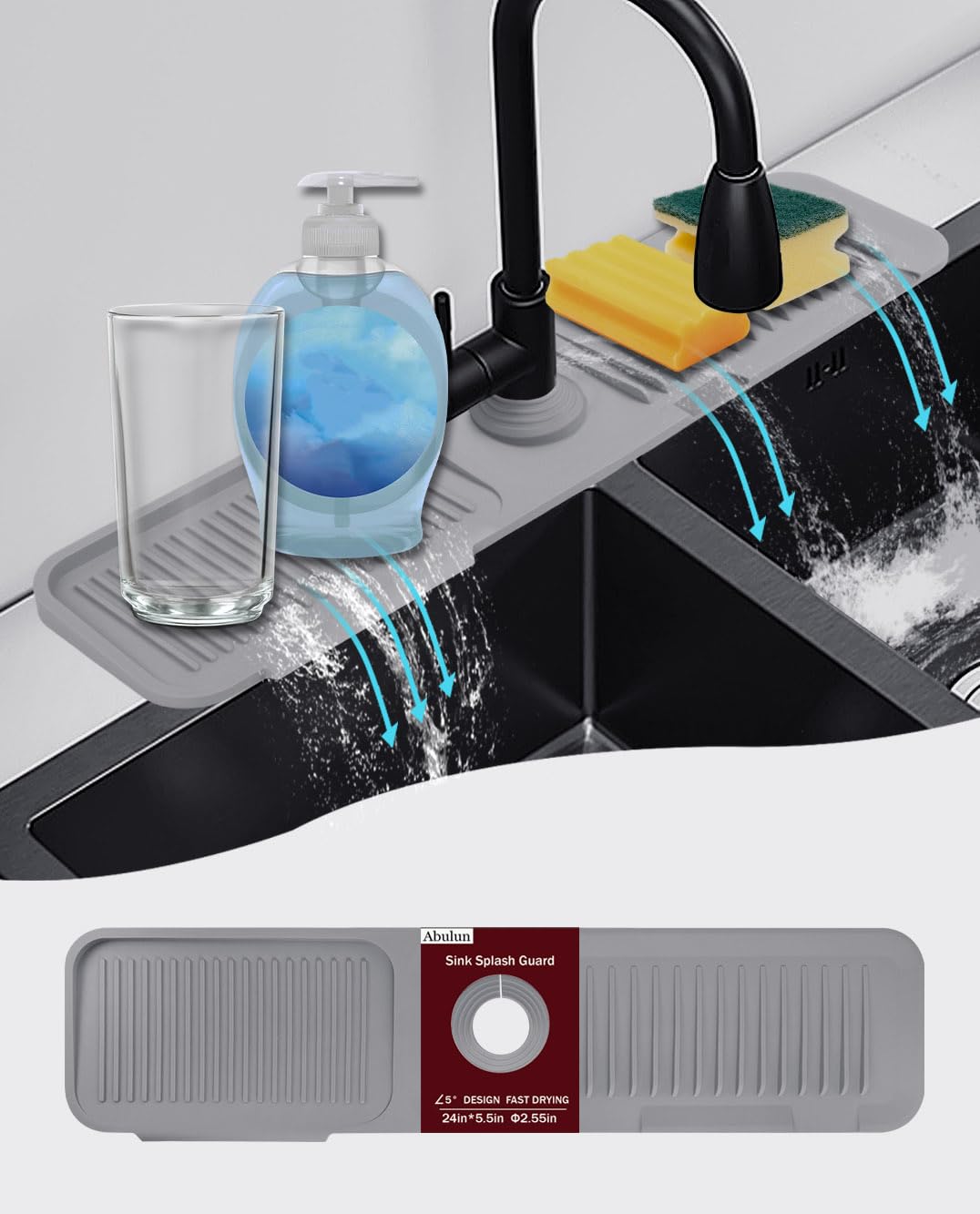 5° Slope Kitchen Sink Splash Guard - Gray Silicone Faucet Mat with Drip Catcher Tray & Soap Dispenser Hole (5x24 Inch) | Non-Slip Sink Organizer for Water Control - Perfect for Kitchen Countertops & Behind Faucet Use