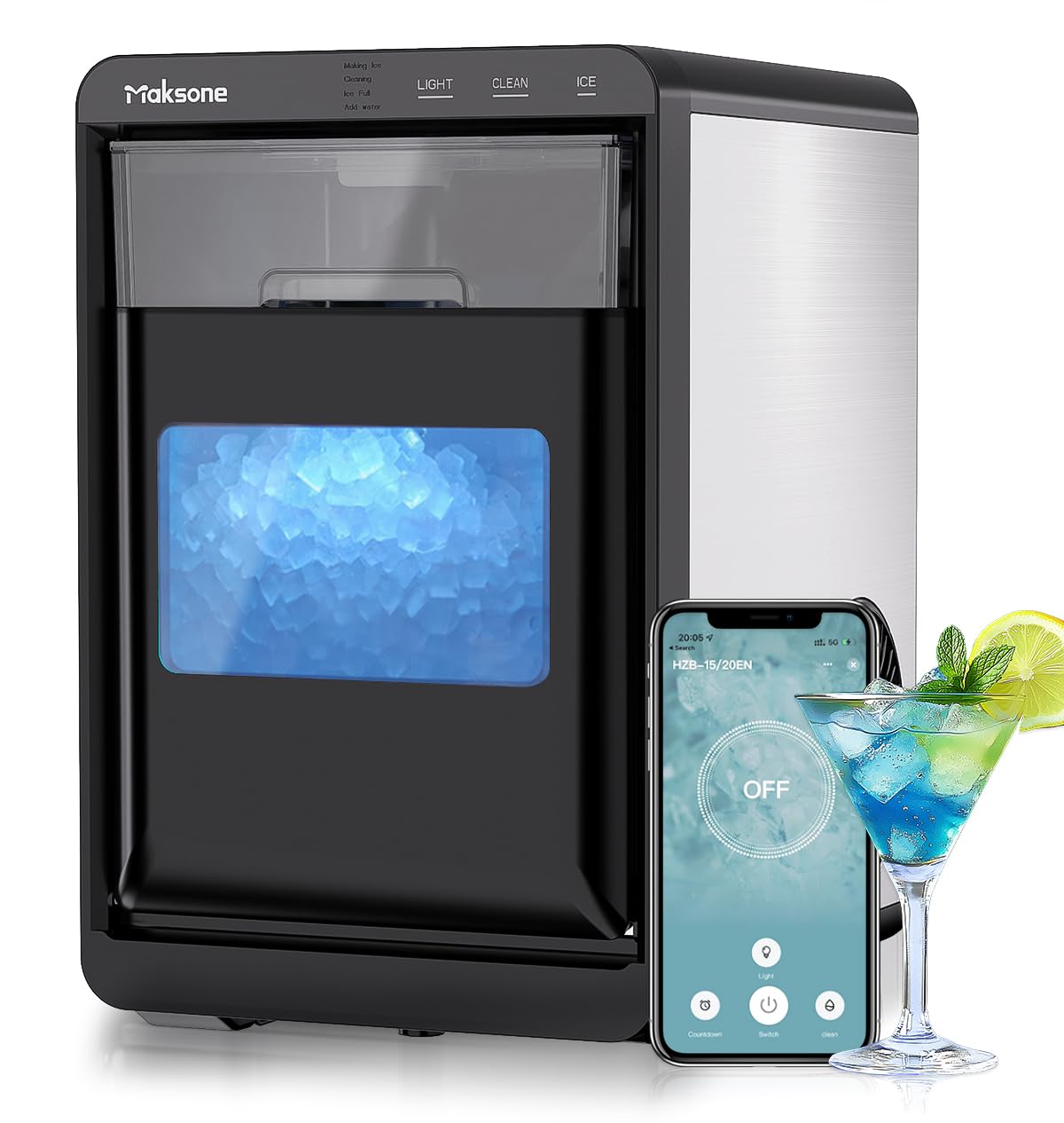 Maksone Countertop Nugget Ice Maker - 44lbs/24H, Ready in 7 Minutes, Crushed Ice Machine with Sonic Pebble Ice Technology | Perfect for Home Bars, Parties, and Restaurants