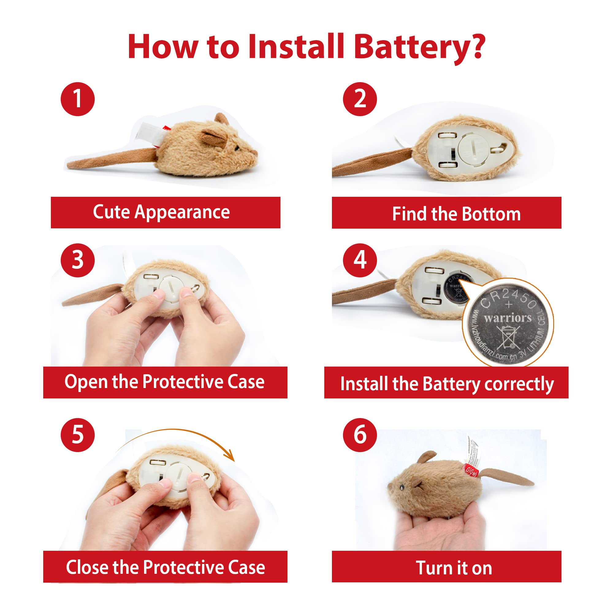 Gigwi Interactive Electronic Cat Toy Mouse with Moving Automatic Motion & Furry Tail - Squeaky Kitten Toy for Indoor/Outdoor Play & Exercise - Perfect for Playtime, Training & Stimulation (Brown-Ear)