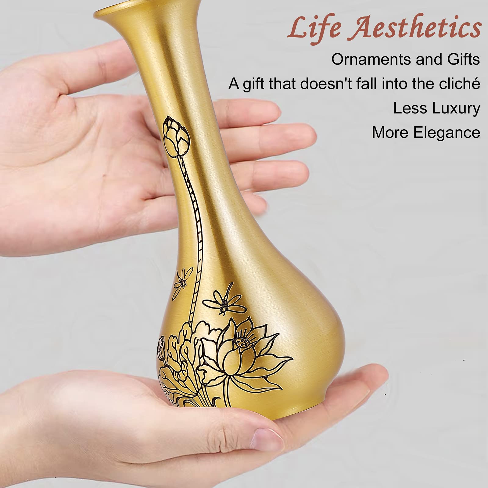 Gold Brass Vase with Special Engraved Pattern - 7.88 Inch Tall Metallic Decorative Centerpiece for Home, Wedding & Events | Elegant Table Decor, Bookshelf Accent & Flower Arrangement | Perfect for Living Room, Dining Table & Gift Giving