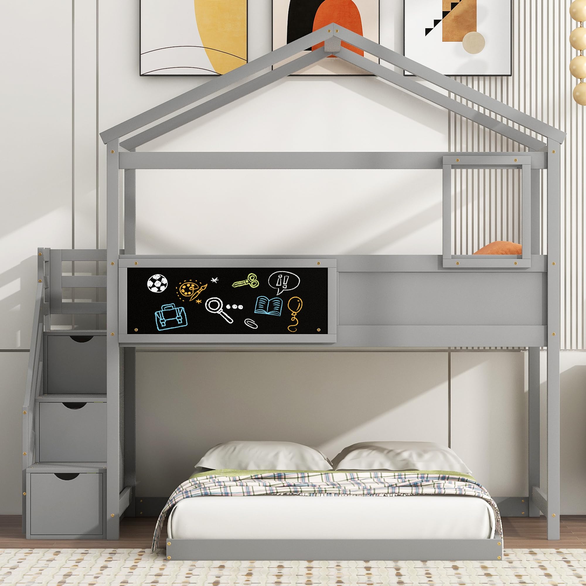 P PURLOVE Twin Over Full House Bunk Bed for Kids with Storage Staircase - Wooden Bunk Bed Frame with House Shape & Blackboard - Space-Saving Kids Bedroom Furniture for Siblings or Sleepovers