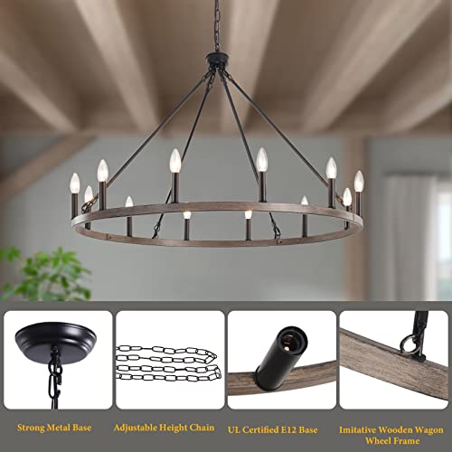 12-Light Black Wagon Wheel Chandelier - 38 Inch Rustic Farmhouse Ceiling Light Fixture for Dining Room, Kitchen, or Entryway Decor