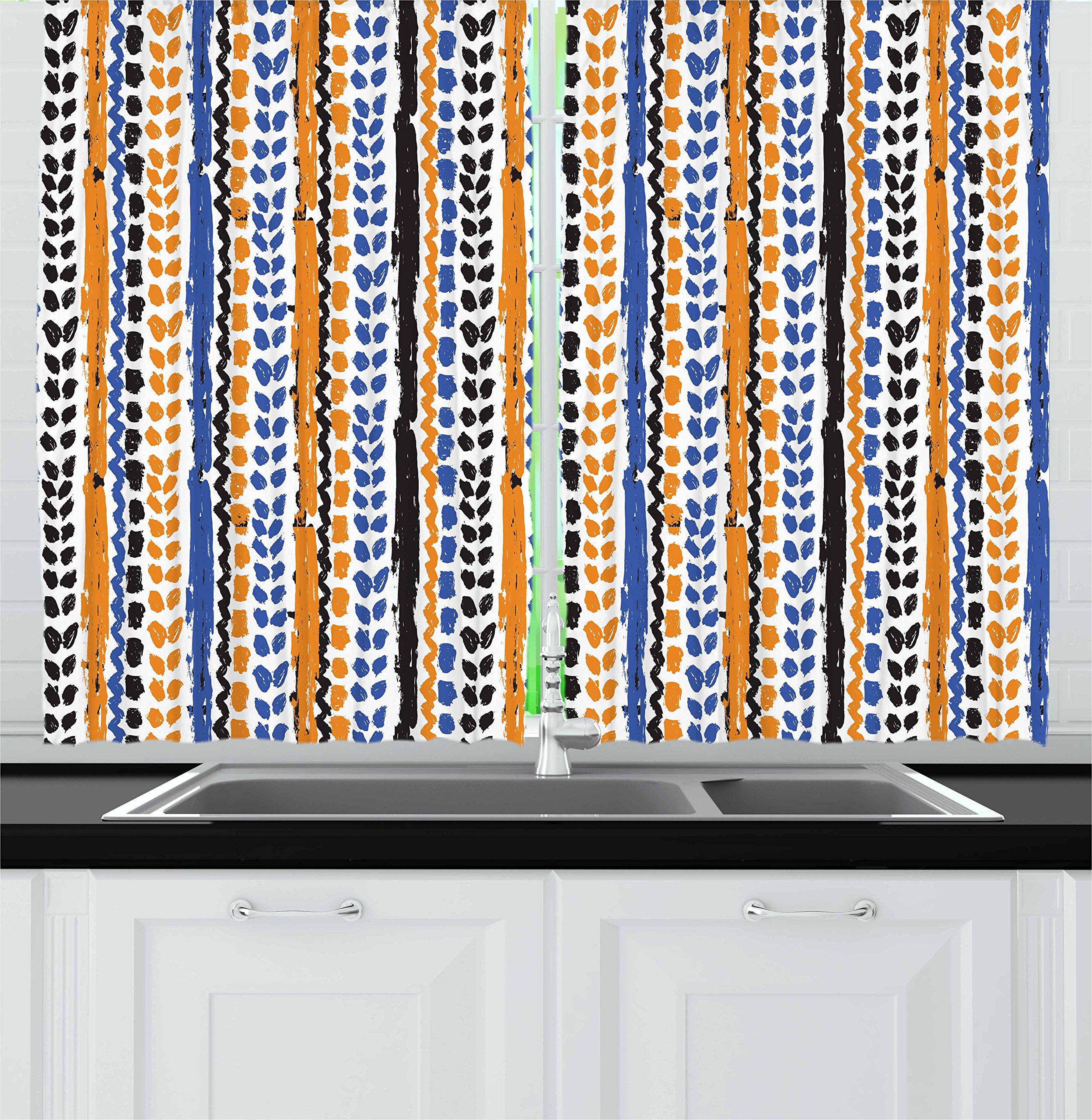 Ambesonne Tribal Kitchen Curtains Set of 2 Panels - Watercolor Chevron Zigzag Pattern with Brush Strokes Herringbone Lines - 55