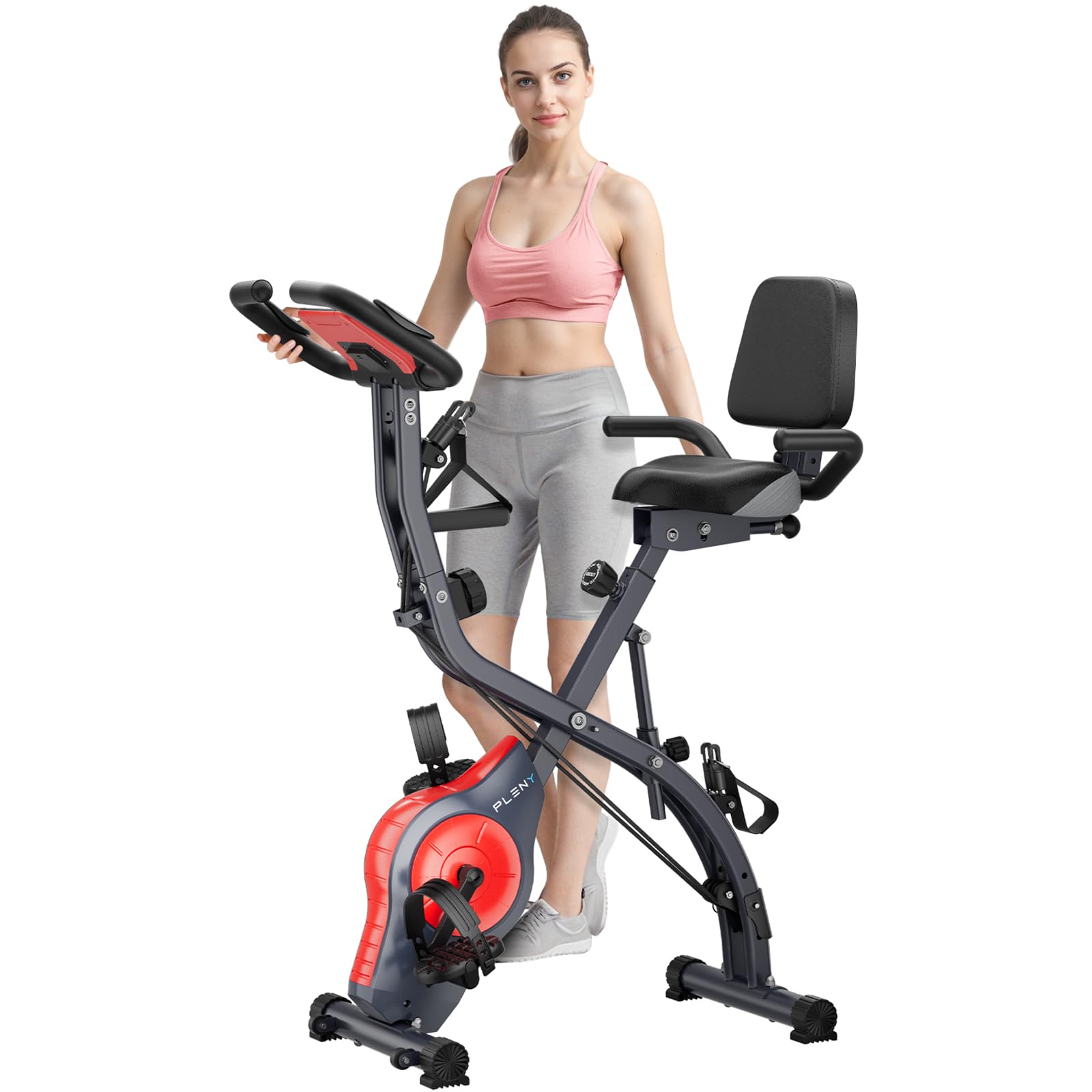 PLENY Folding Exercise Bike for Home Gym - 16-Level Magnetic Resistance Indoor Cycling Bike with Arm Resistance Bands & Back Support Cushion - Perfect for Cardio, Weight Loss & Full-Body Workout - Red