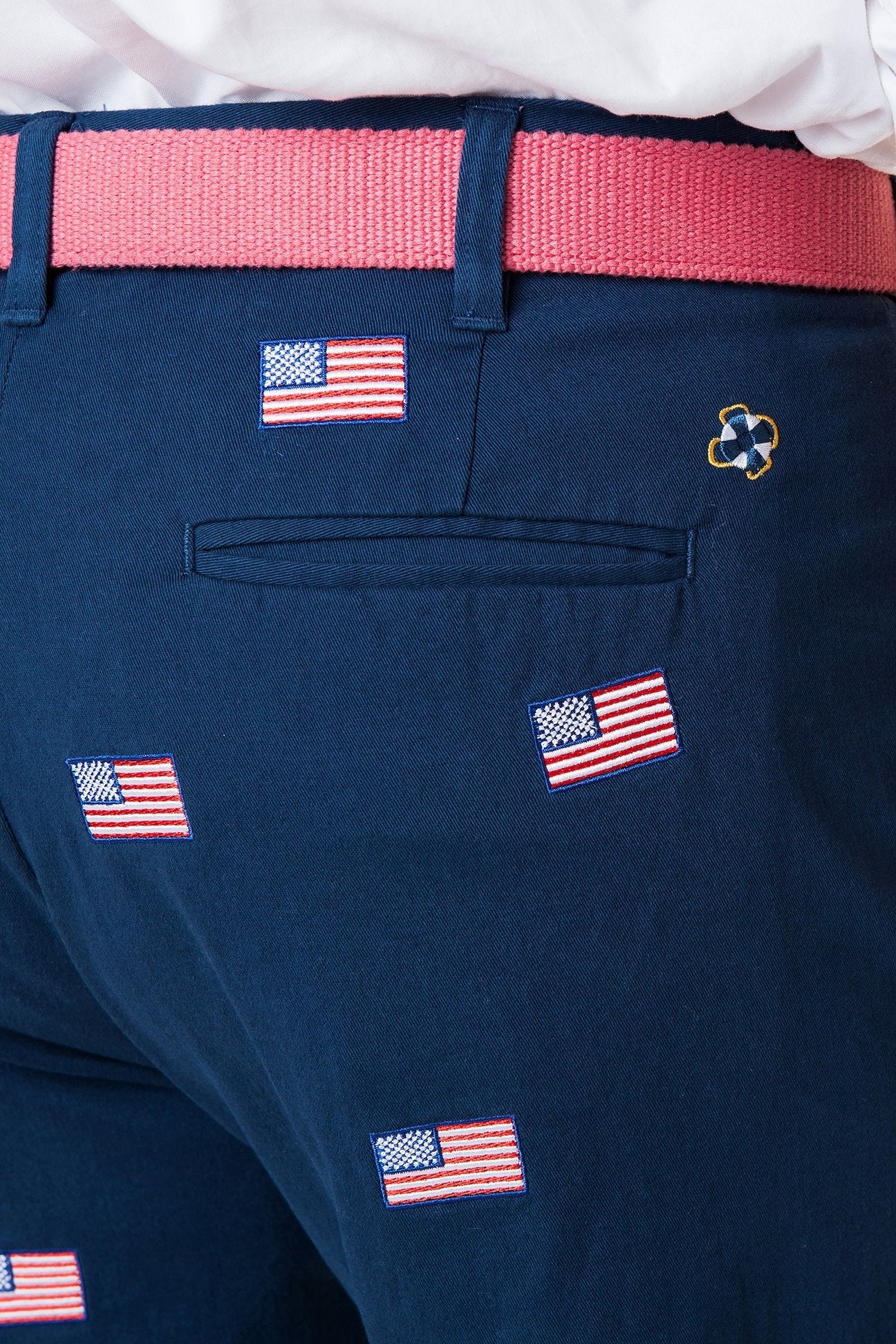 Stretch Twill Harbor Pant in Nantucket Navy with American Flag - Comfortable & Stylish Casual Pants for Men, Perfect for Outdoor Activities & Patriotic Events