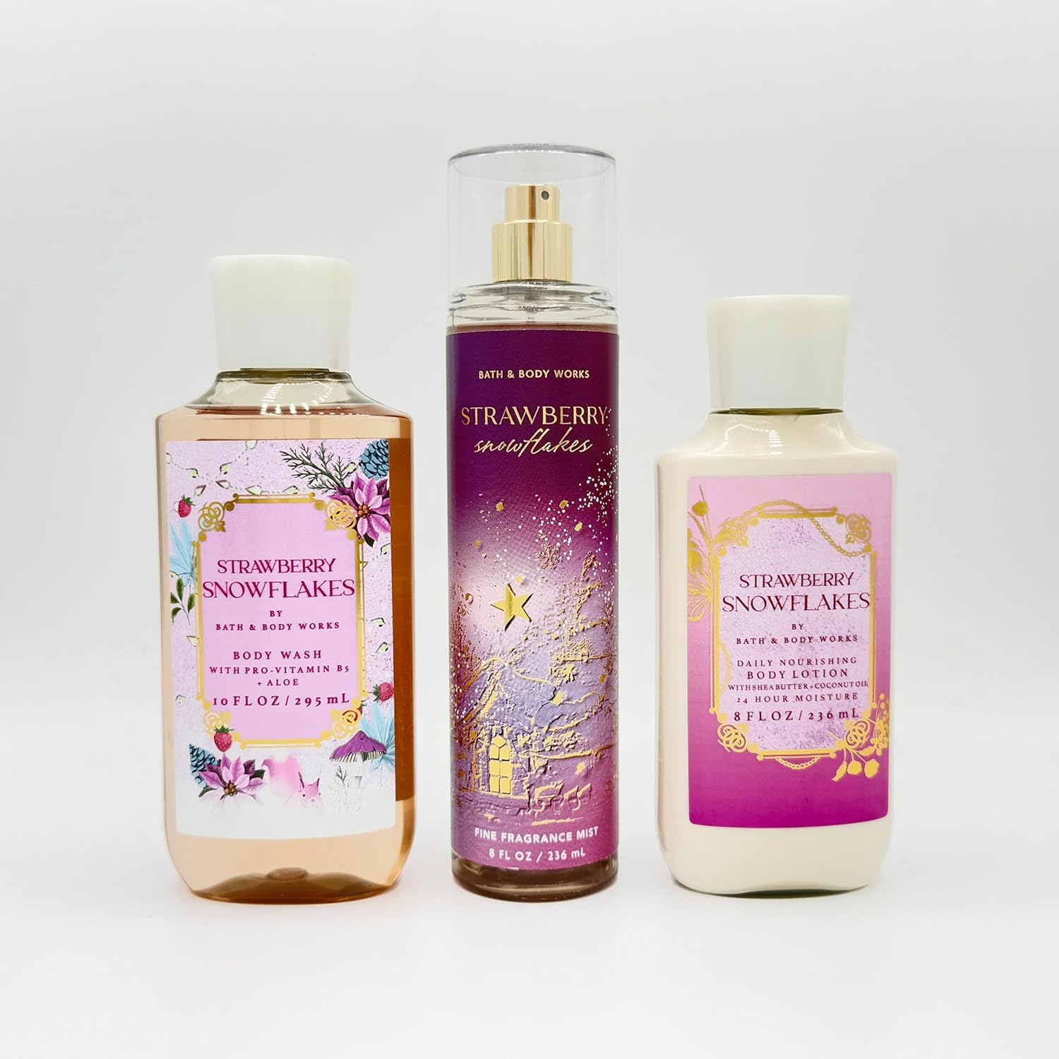 Strawberry Snowflakes 3-Piece Bath & Body Gift Set - Moisturizing Body Wash, Refreshing Fragrance Mist & Hydrating Lotion for Women | Perfect for Self-Care, Spa Days & Holiday Gifts
