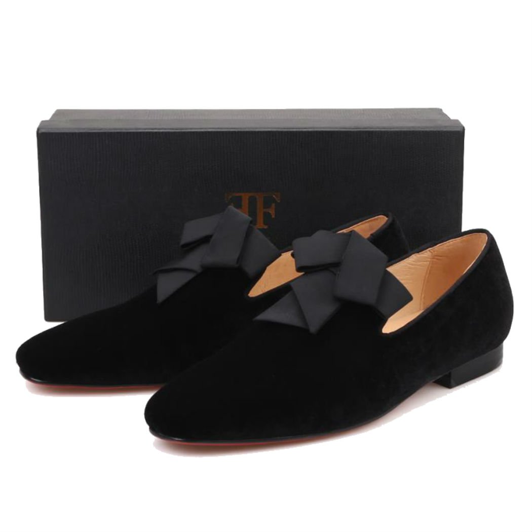 FERUCCI Handmade Men's Black Velvet Loafers with Ribbon Bow - Comfortable House Slippers for Indoor Lounging, Gift Giving & Special Occasions