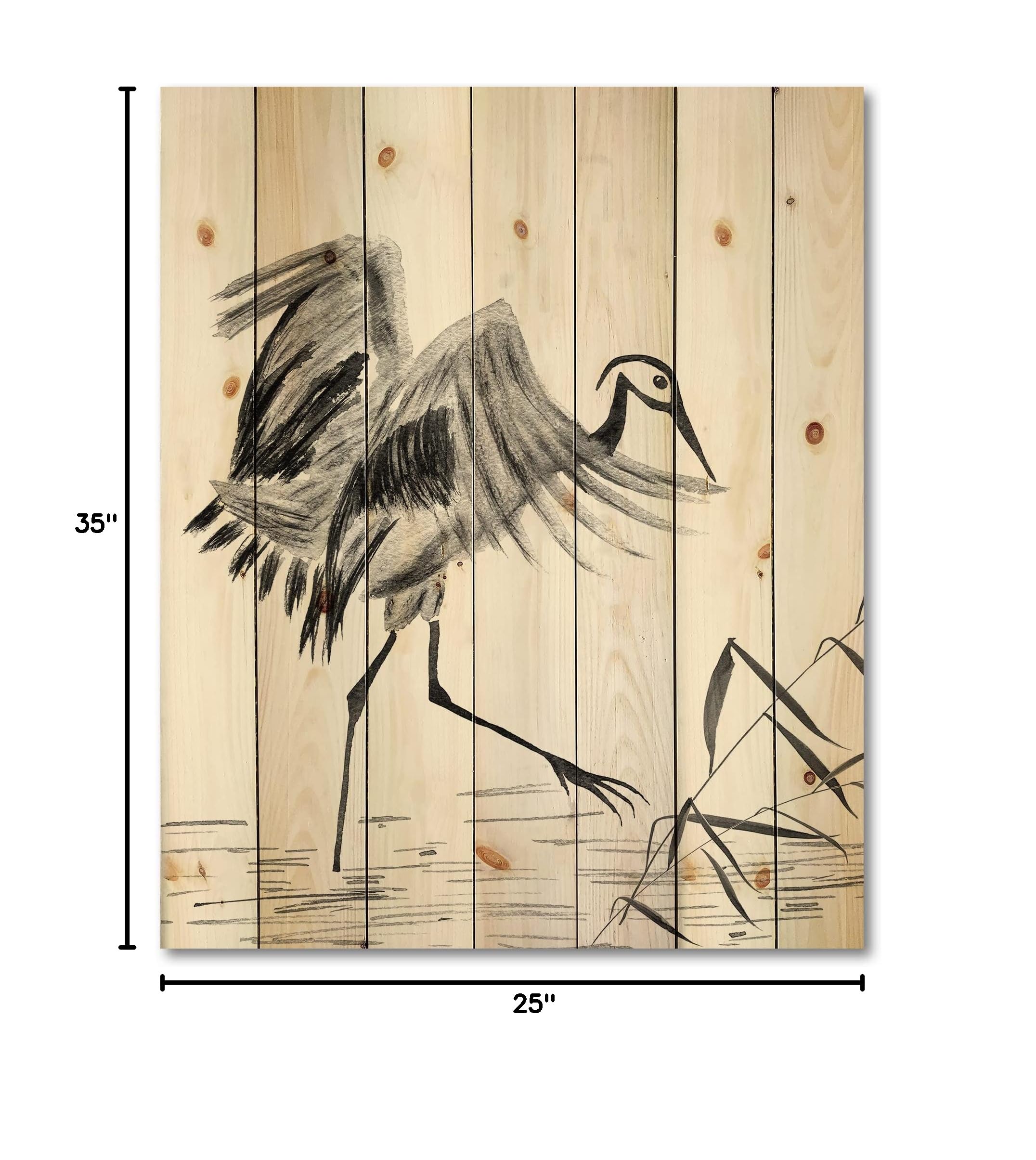 Japanese Oriental Crane Bird Traditional Wood Wall Decor - Grey Wood Art Panel, Large Animal Print on Natural Pine Wood - Perfect for Living Room, Bedroom & Office Decor