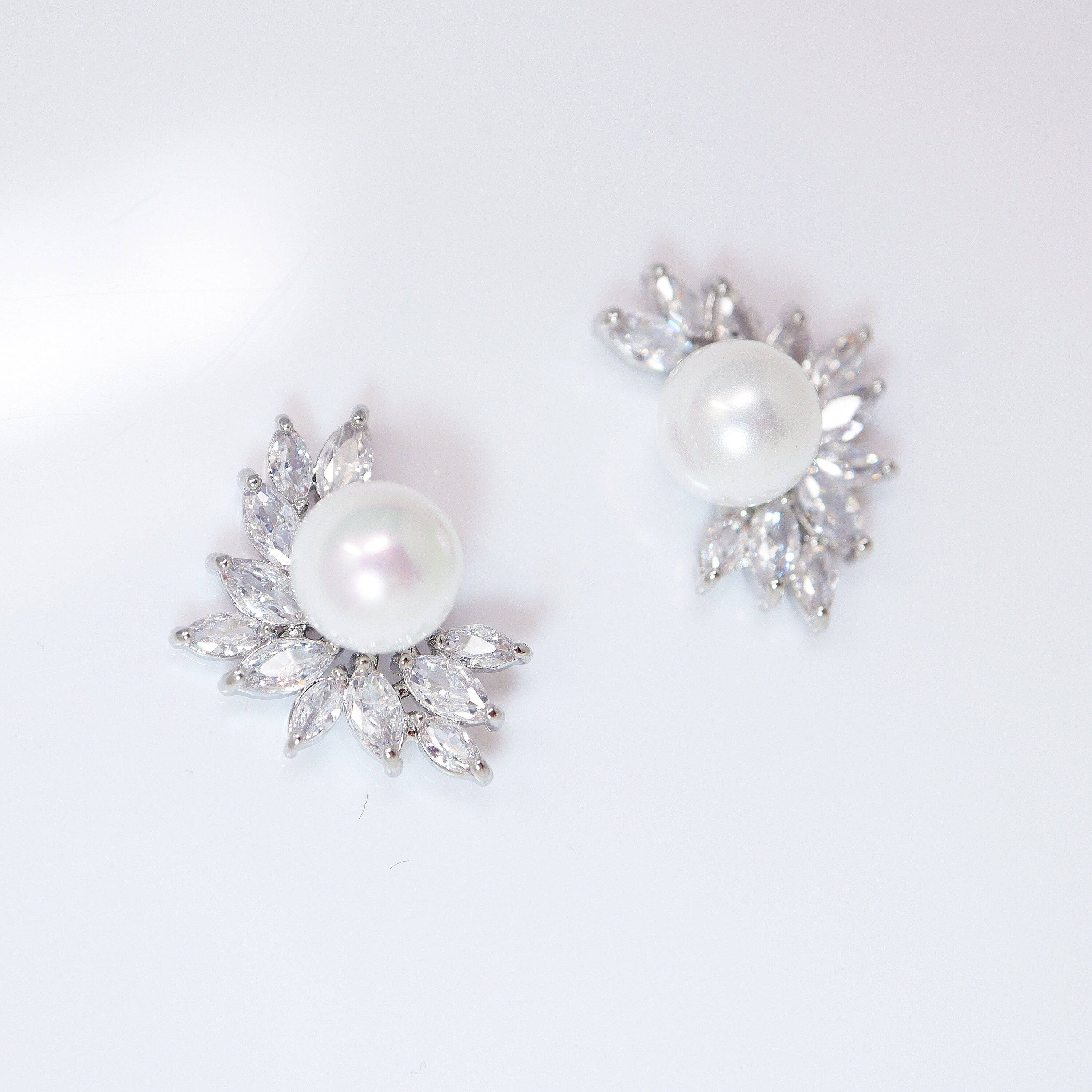 CZ Pearl Leaves Earrings - Elegant Crystal Bridal Jewelry Set for Wedding, Party & Special Occasions | Dainty Stud Earrings with Pearls for Women
