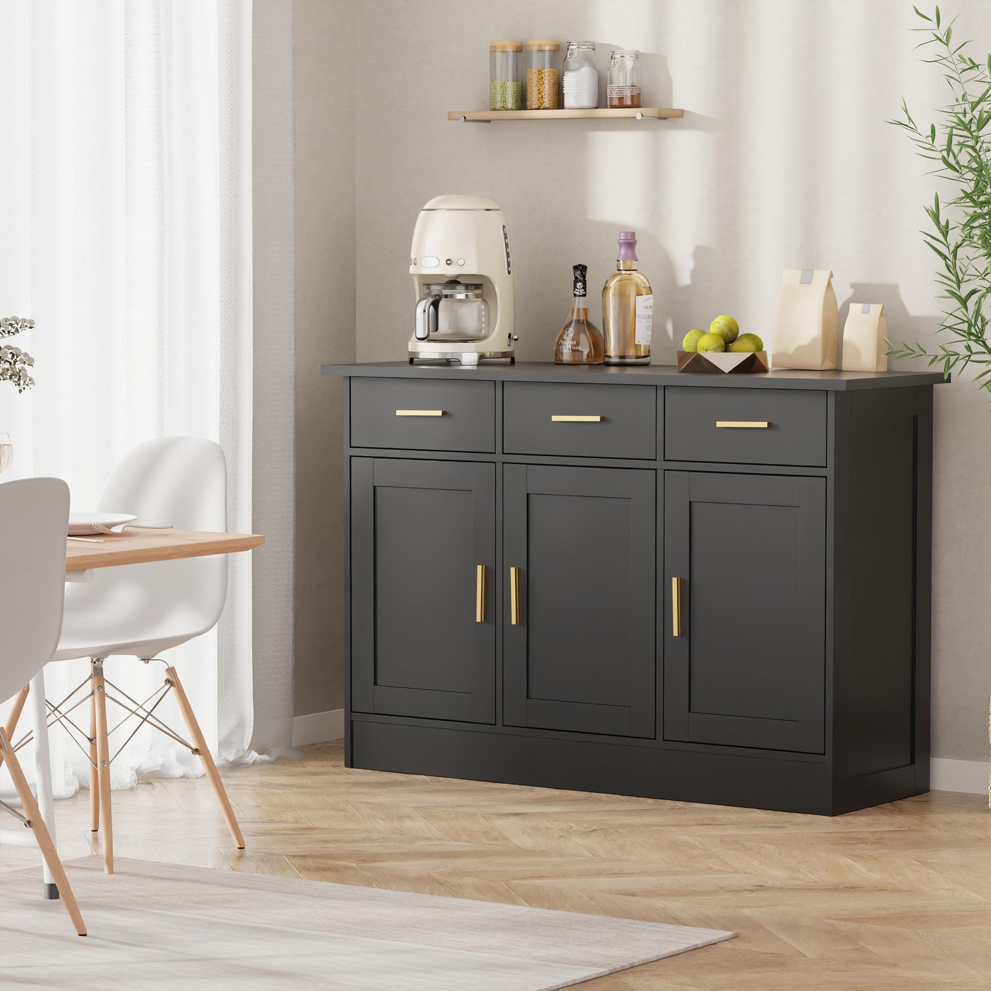 **Black 3-Door Wood Buffet Cabinet with Storage - Sideboard Kitchen Storage, Coffee Bar Console Table for Living Room, Dining Room & Entryway | Large Accent Cabinet with Drawers for Home Decor & Entertaining**