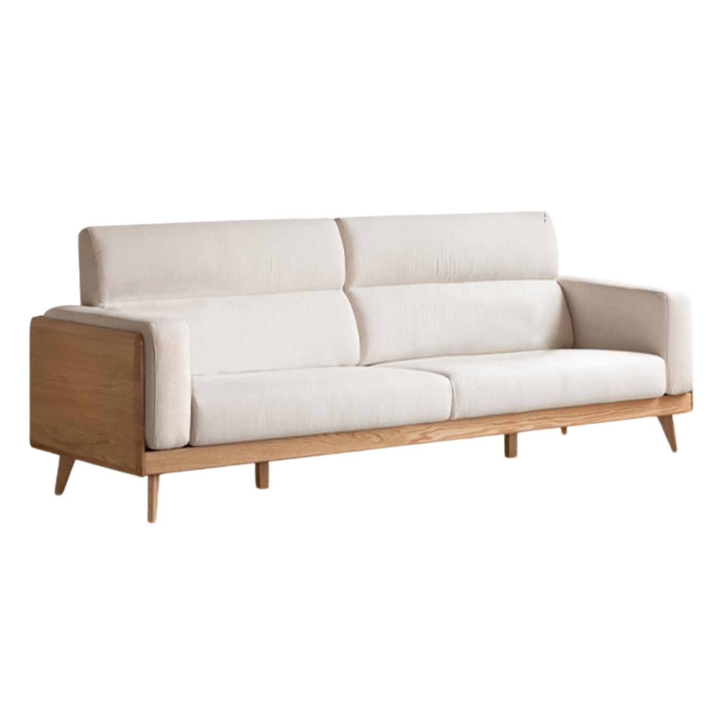 86.6x35x37 inch / 220x89x94 cm / Natural Wood Color / pear white color fabric sofa imitation cotton
