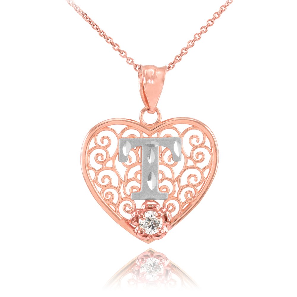 10K Two-Tone White and Rose Gold Filigree Heart Pendant Necklace with CZ Flower Initial Letter - 22