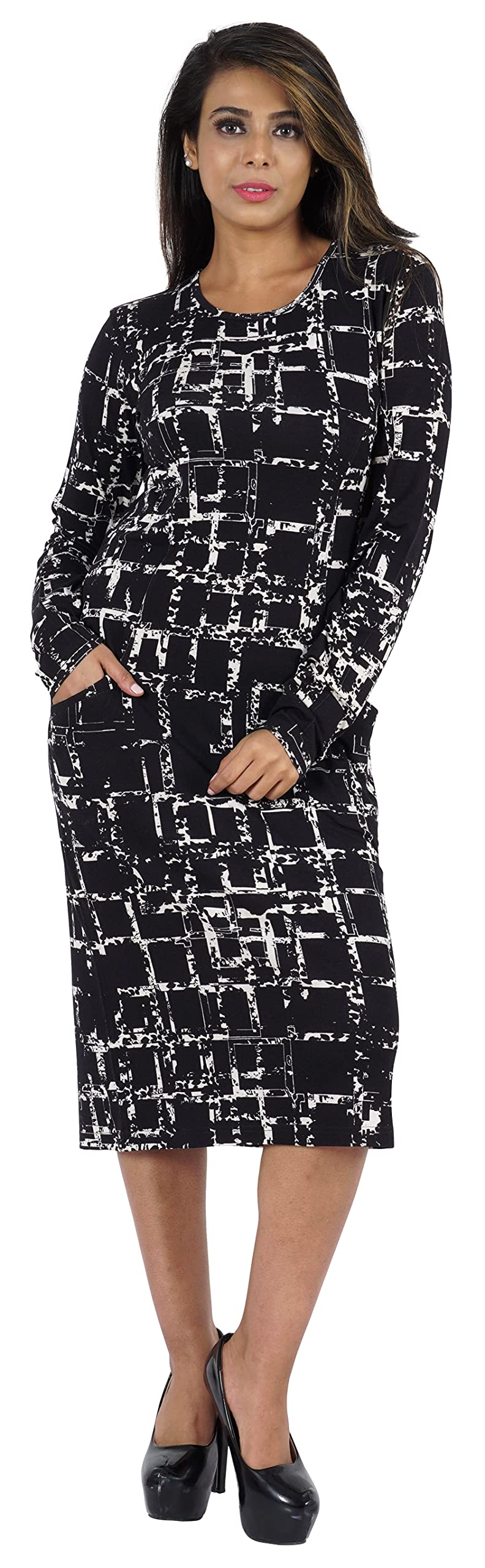 Bimba Women's Printed Long Bodycon Dress with Pockets - Full Sleeves Midi Dress for Party, Date Night & Office Wear